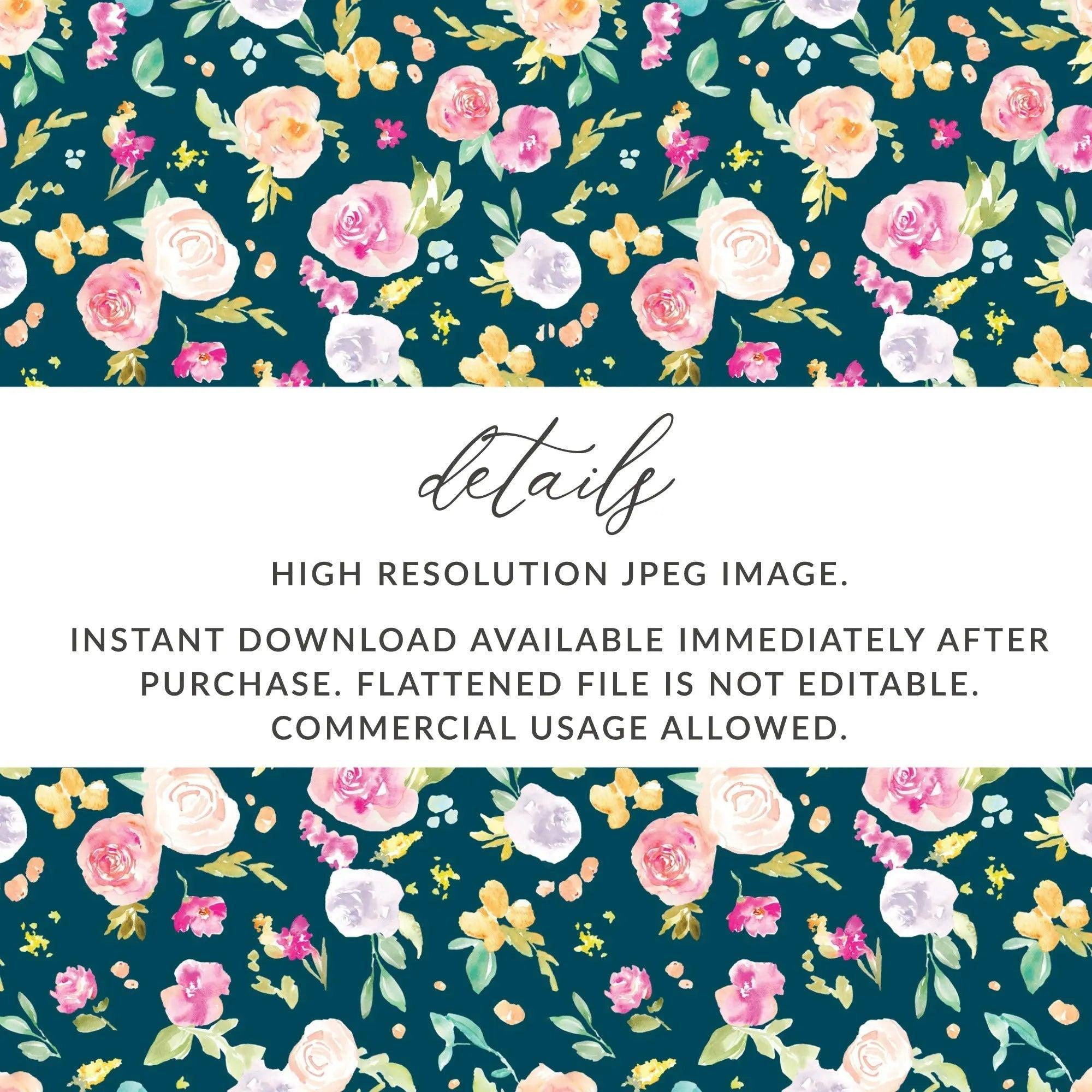 Watercolor Floral Digital Paper, Seamless Flower Pattern, Dark Teal Background, Digital Download, Scrapbooking Paper, Printable Texture - Moore and Mountain