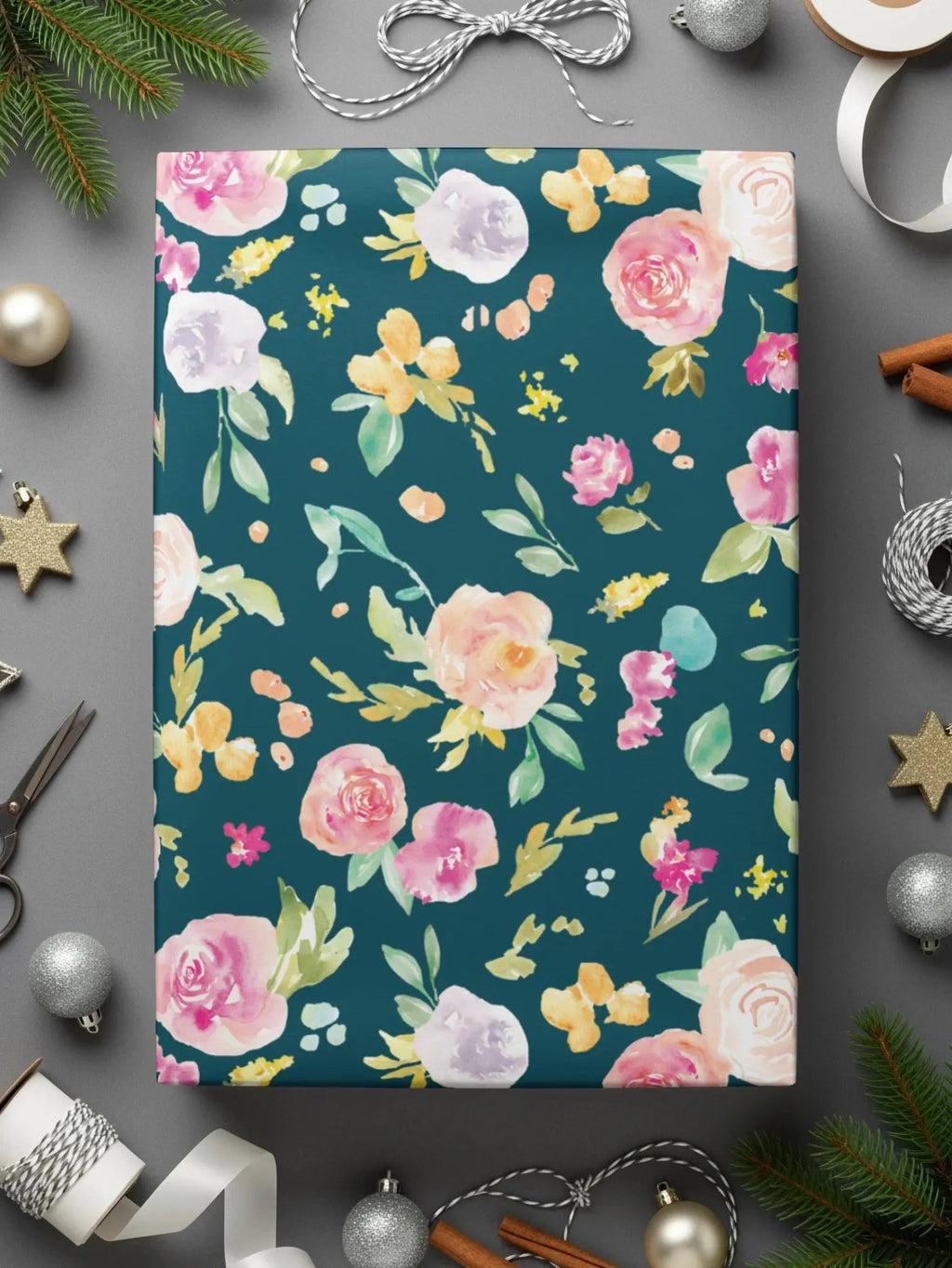 Watercolor Floral Digital Paper, Seamless Flower Pattern, Dark Teal Background, Digital Download, Scrapbooking Paper, Printable Texture - Moore and Mountain