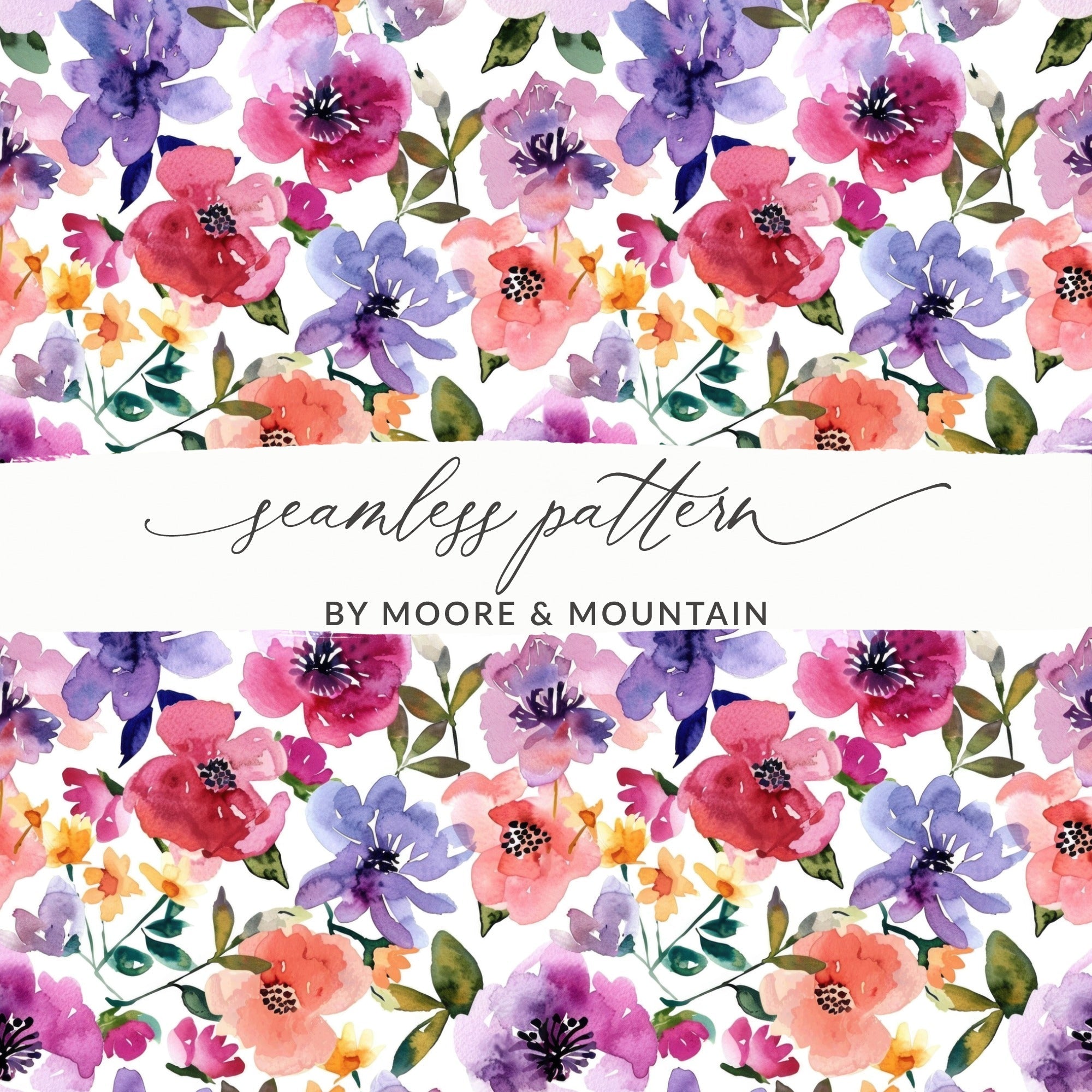 Watercolor Floral Digital Paper, Seamless Flower Pattern, Purple Pink Scrapbook Paper, Digital Download for Crafts, Fabric Designs - Moore and Mountain