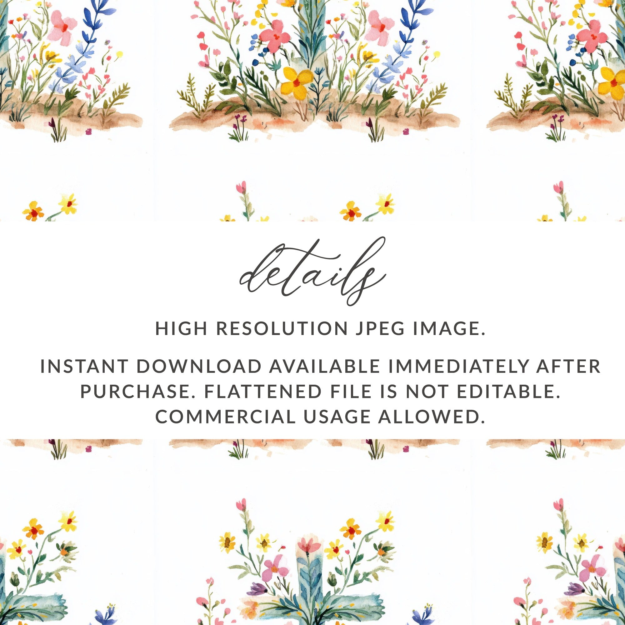 Watercolor Floral Digital Paper, Seamless Flower Pattern, Wildflower Art Print, Spring Botanical Design, Scrapbook Paper, 2 JPEG Files with floral border and text details.
