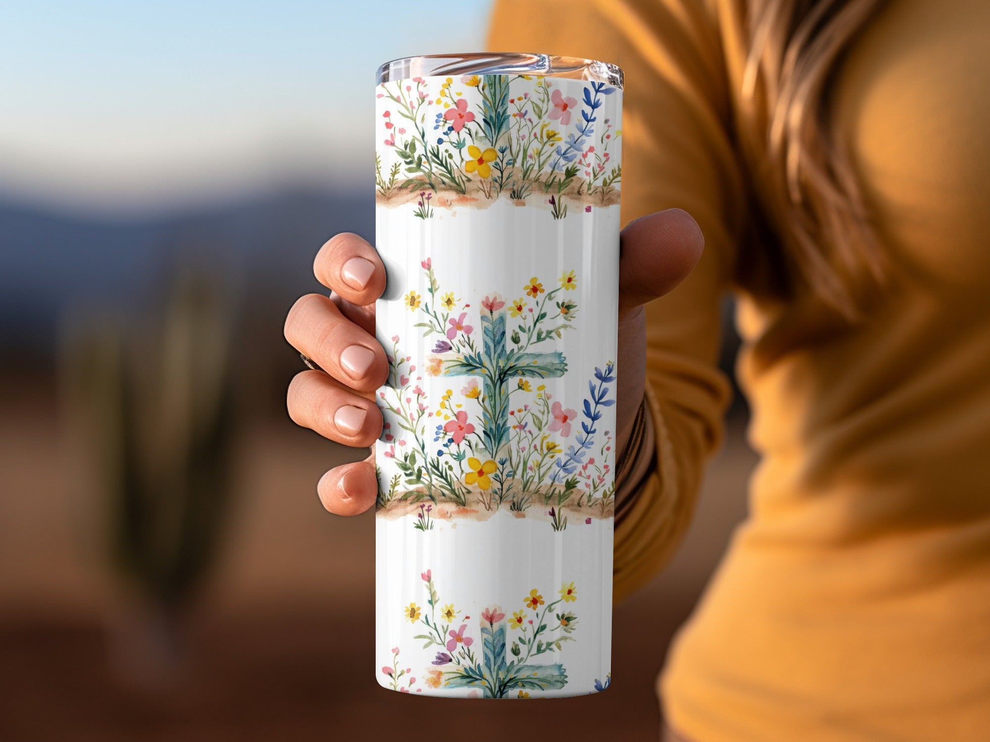 Hand holding tumbler featuring Watercolor Floral Digital Paper, Seamless Flower Pattern, Wildflower Art Print, Spring Botanical Design, Scrapbook Paper, 2 JPEG Files