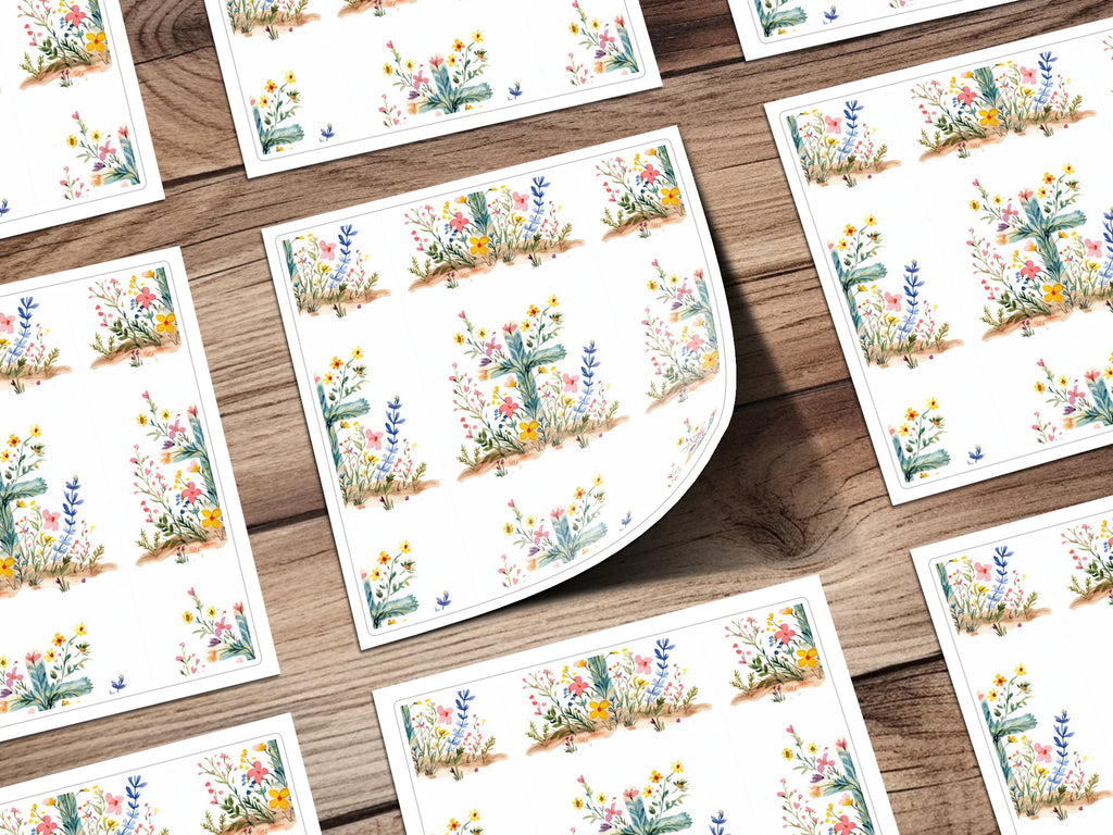Watercolor Floral Digital Paper, Seamless Flower Pattern, Wildflower Art Print, Spring Botanical Design, Scrapbook Paper, 2 JPEG Files with colorful flowers and cross on wood background.