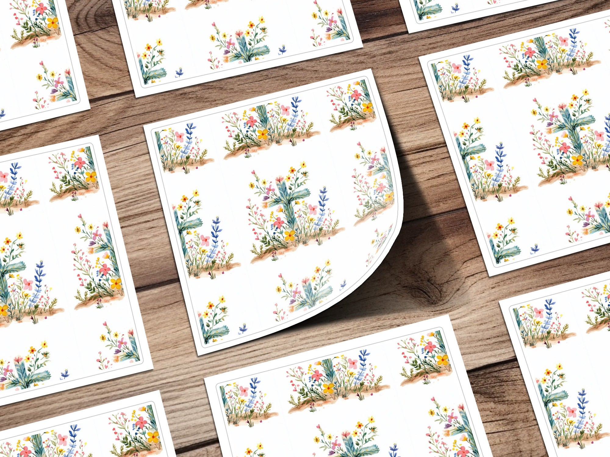 Watercolor Floral Digital Paper, Seamless Flower Pattern, Wildflower Art Print, Spring Botanical Design, Scrapbook Paper, 2 JPEG Files with colorful flowers and cross on wood background.