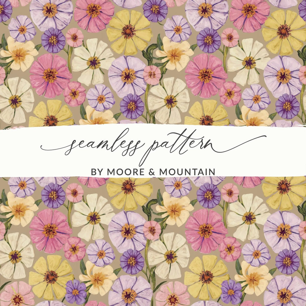 Watercolor Floral Digital Seamless Pattern, Zinnia Flower Designs, Pastel Color Prints, Fabric Designs, Digital Paper, Commercial Use - Moore and Mountain