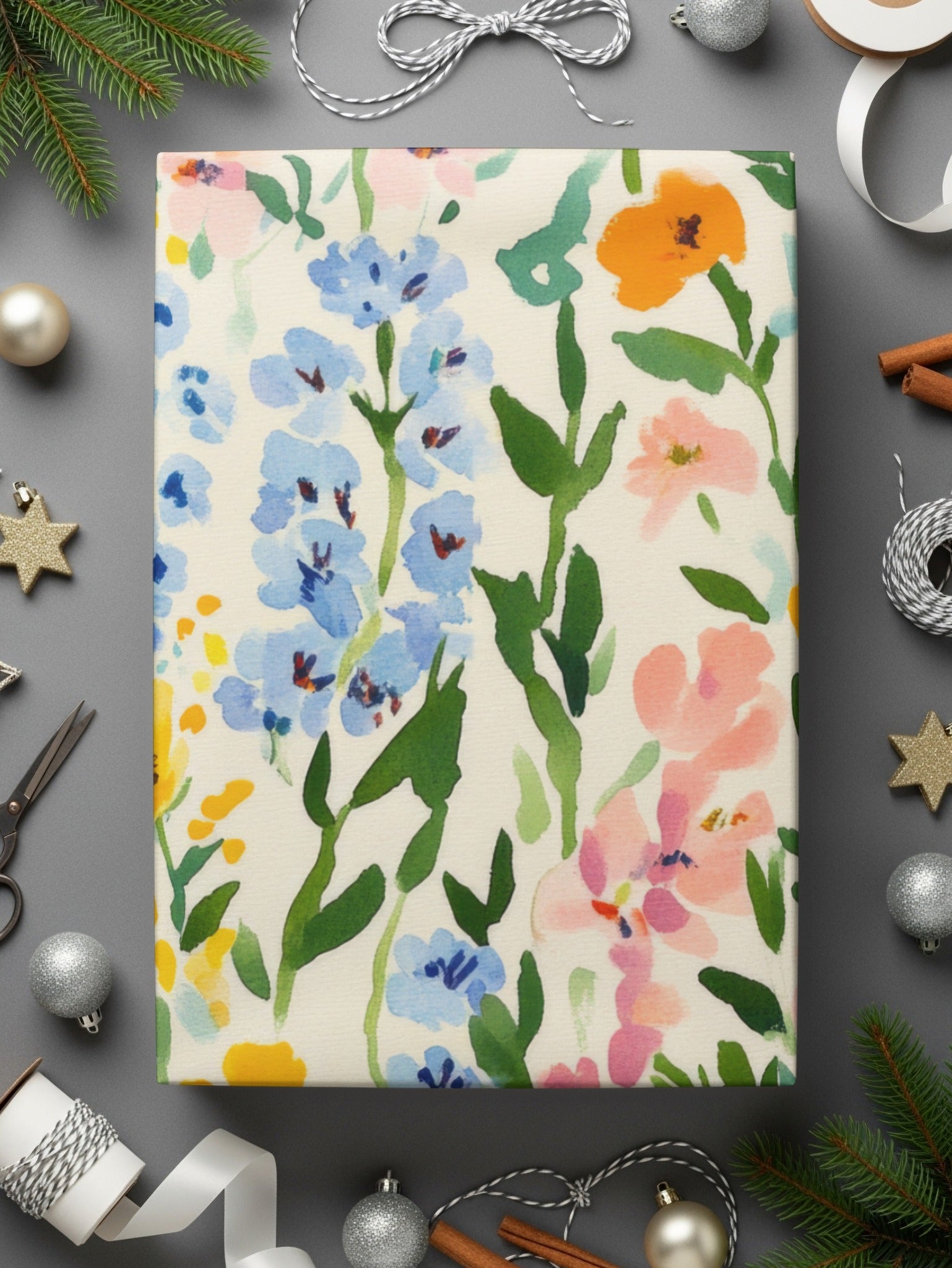 Vibrant Floral Gift Wrap with Greenery Design