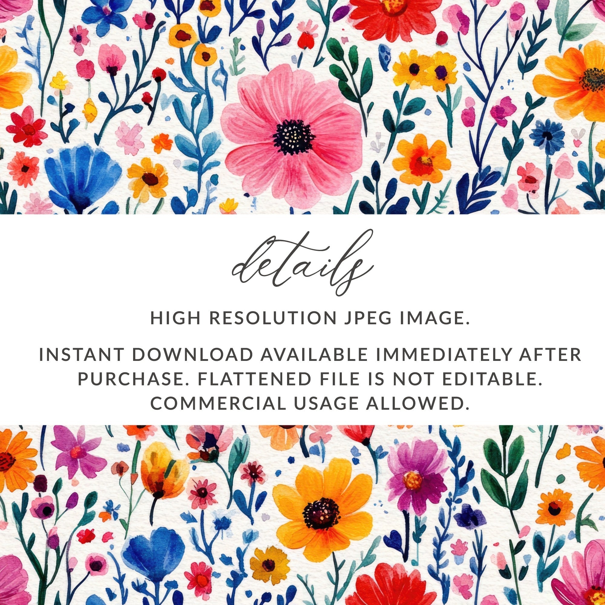 Watercolor Floral Pattern Digital Paper, Seamless Flower Digital File, Colorful Wildflower Repeat Pattern for Fabric, Scrapbook, Craft - Moore and Mountain