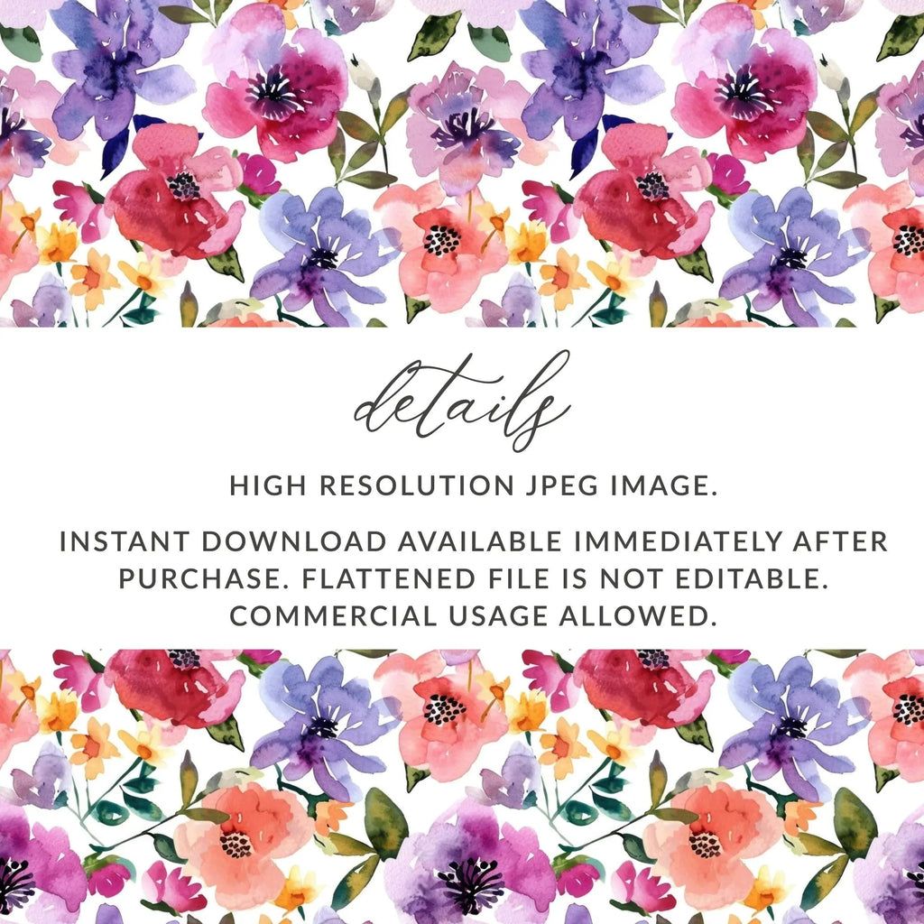 Watercolor Floral Pattern Digital, Seamless Flower Design, Watercolor Flower Pattern, JPEG Files, Printable Floral, Digital Download - Moore and Mountain