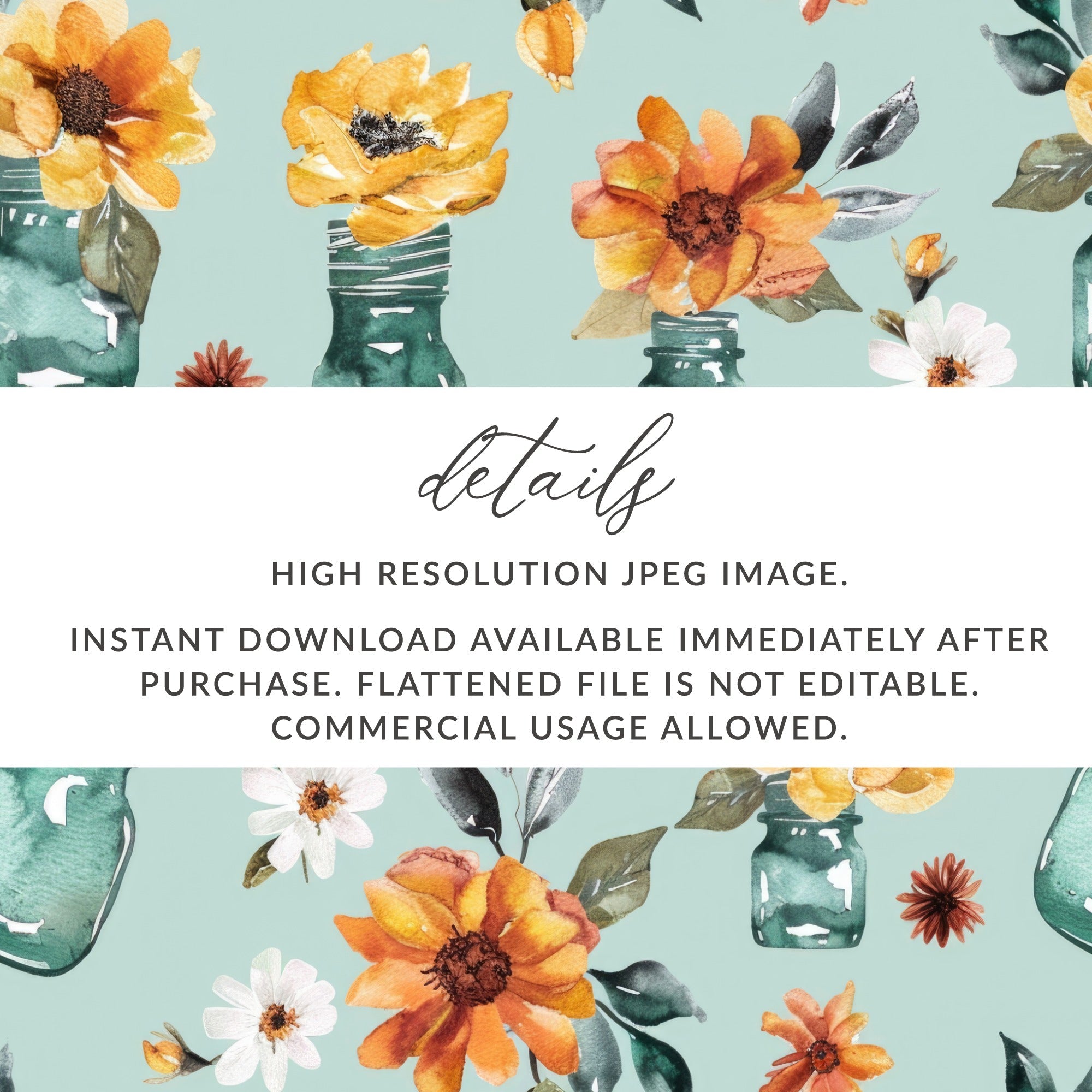 Watercolor Floral Seamless Pattern, Digital Paper Download, Jar Flowers, Fall Blooms, Rustic Design, Printable Fabric, Autumn Digital - Moore and Mountain