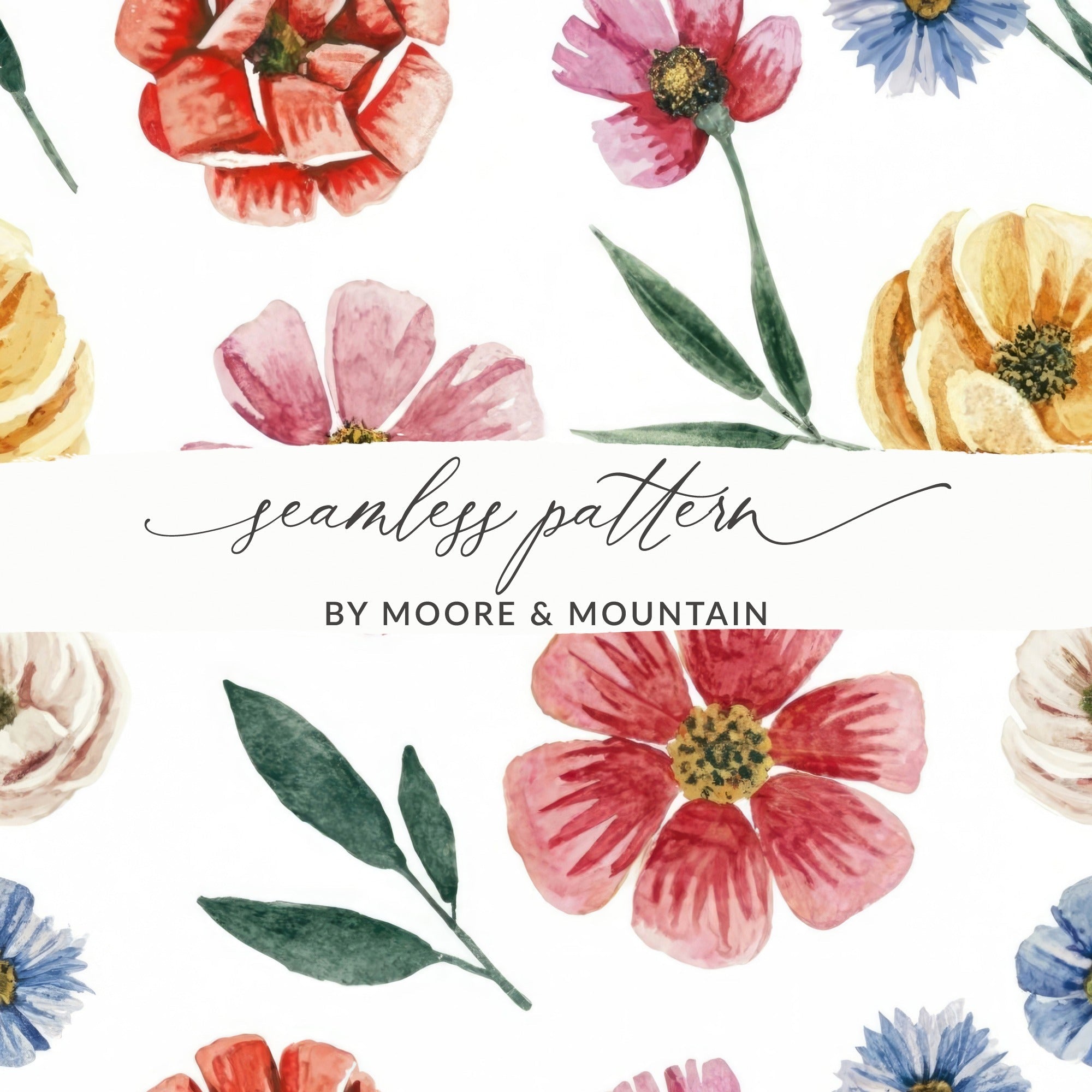 Watercolor Floral Seamless Pattern, Flower Digital Paper, Spring Botanical Design, Floral Background for Craft Projects, Digital Downloads - Moore and Mountain