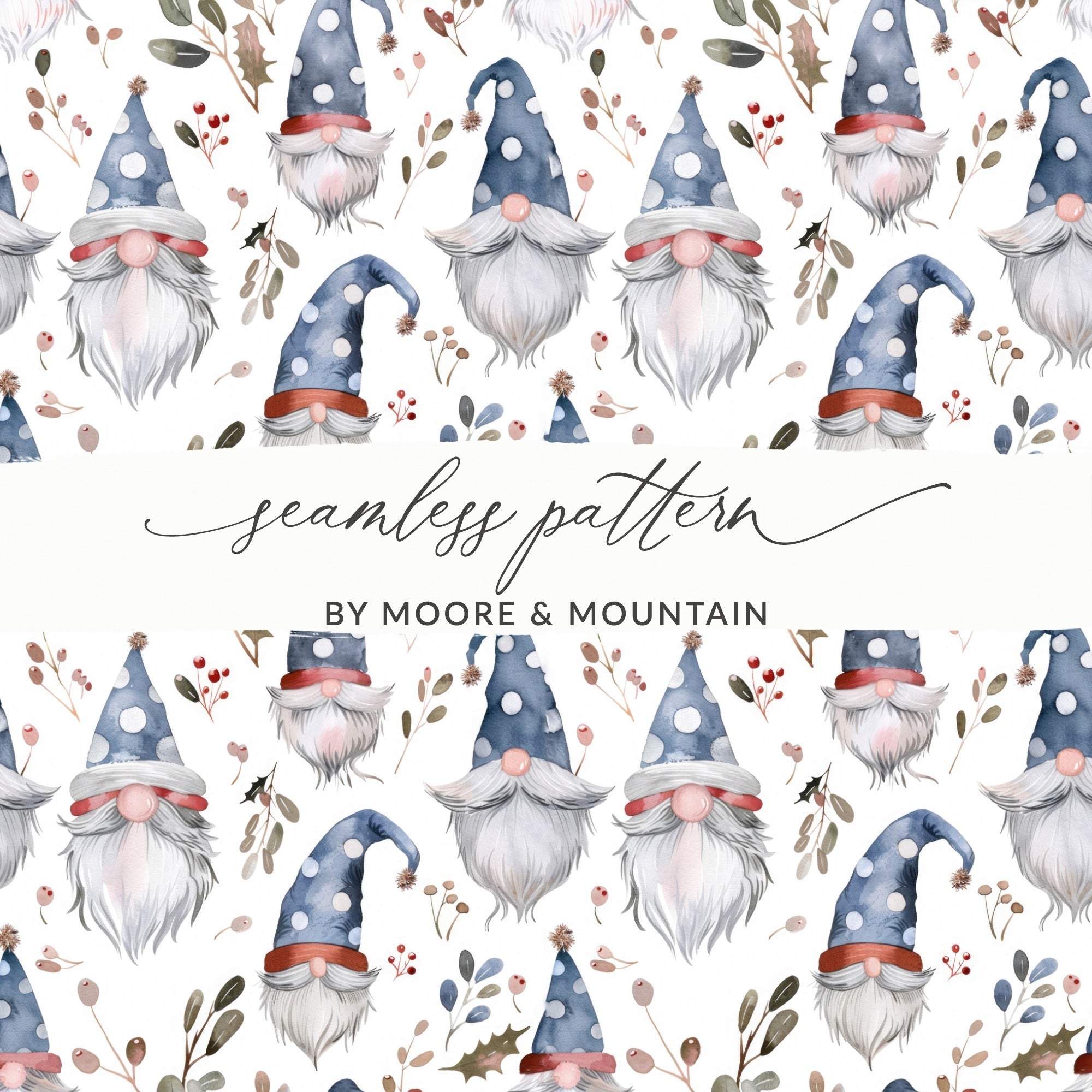 Watercolor Gnome Digital Seamless Pattern, Holiday Print Fabric Design, Christmas Gnomes, Digital Paper Pack, Scrapbook Paper, 12x12 JPEG - Moore and Mountain