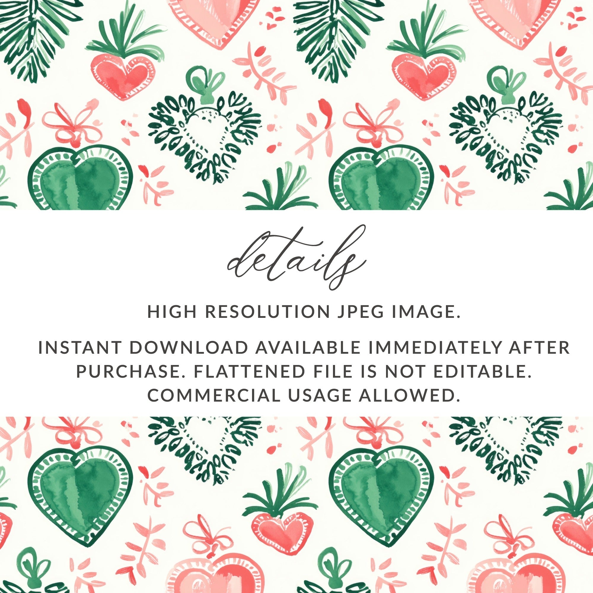 Watercolor Heart Digital Paper, Pink Green Festive Pattern, Winter Holiday Scrapbook Paper, Printable Background Texture, Digital - Moore and Mountain