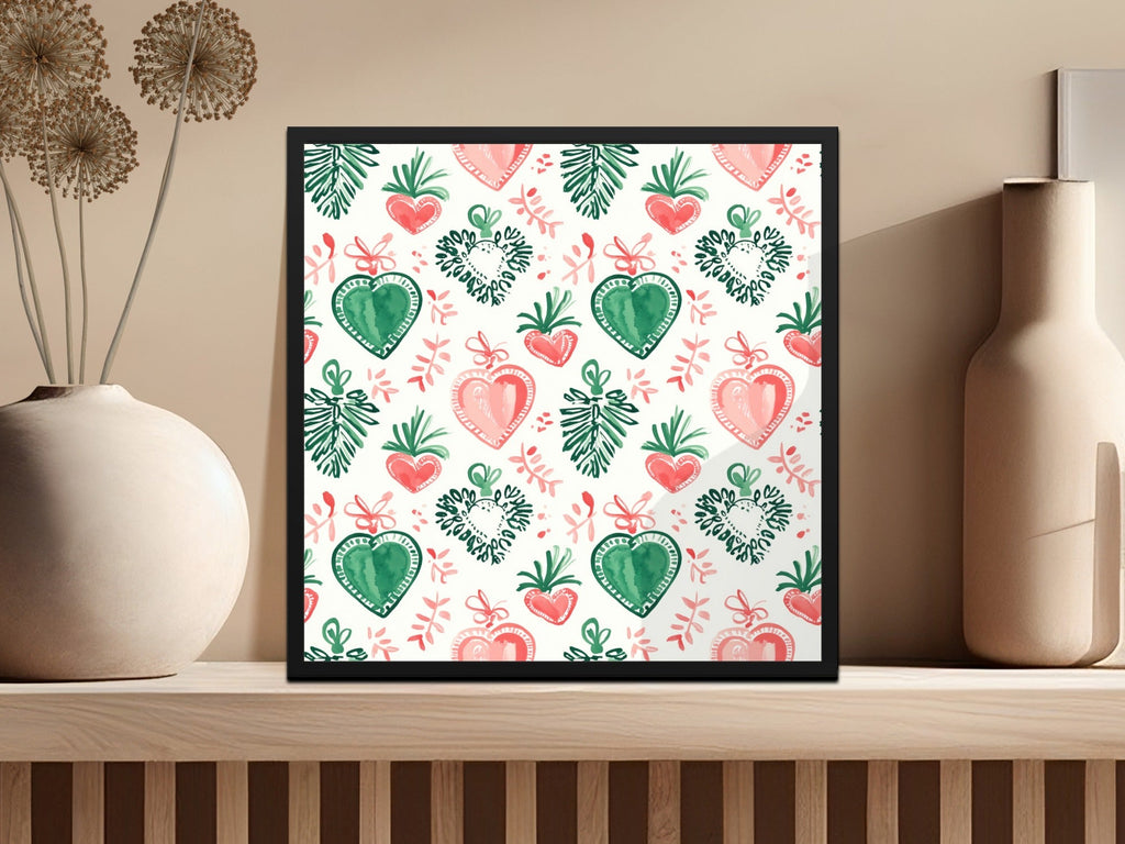 Watercolor Heart Digital Paper, Pink Green Festive Pattern, Winter Holiday Scrapbook Paper, Printable Background Texture, Digital - Moore and Mountain