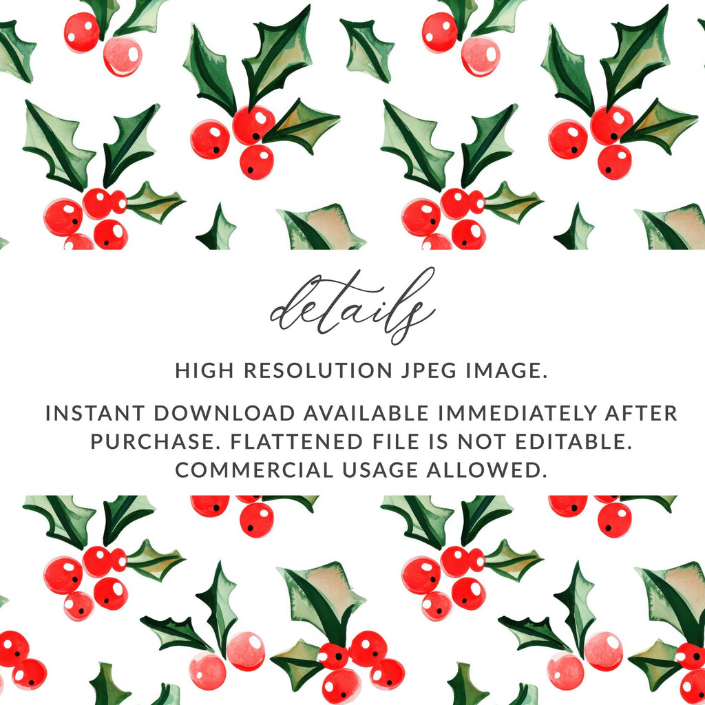 Watercolor Holly Berries Festive Christmas Seamless Pattern Digital - Moore and Mountain