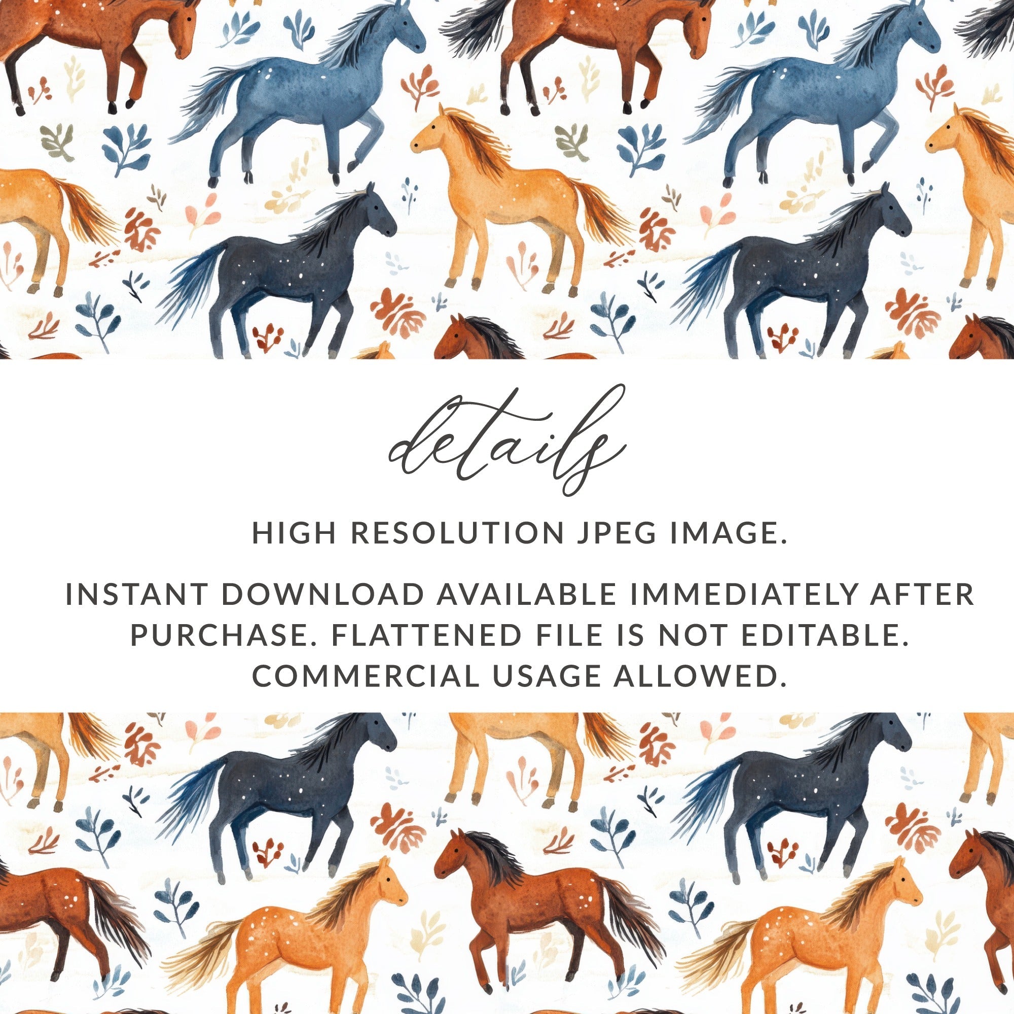 Watercolor Horses and Foliage Pattern Equestrian Digital - Moore and Mountain