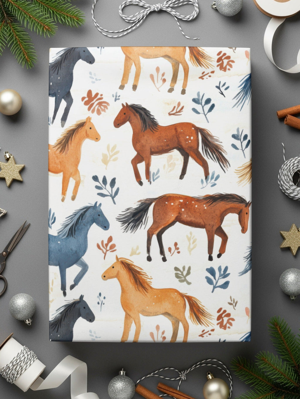 Watercolor Horses and Foliage Pattern Equestrian Digital - Moore and Mountain