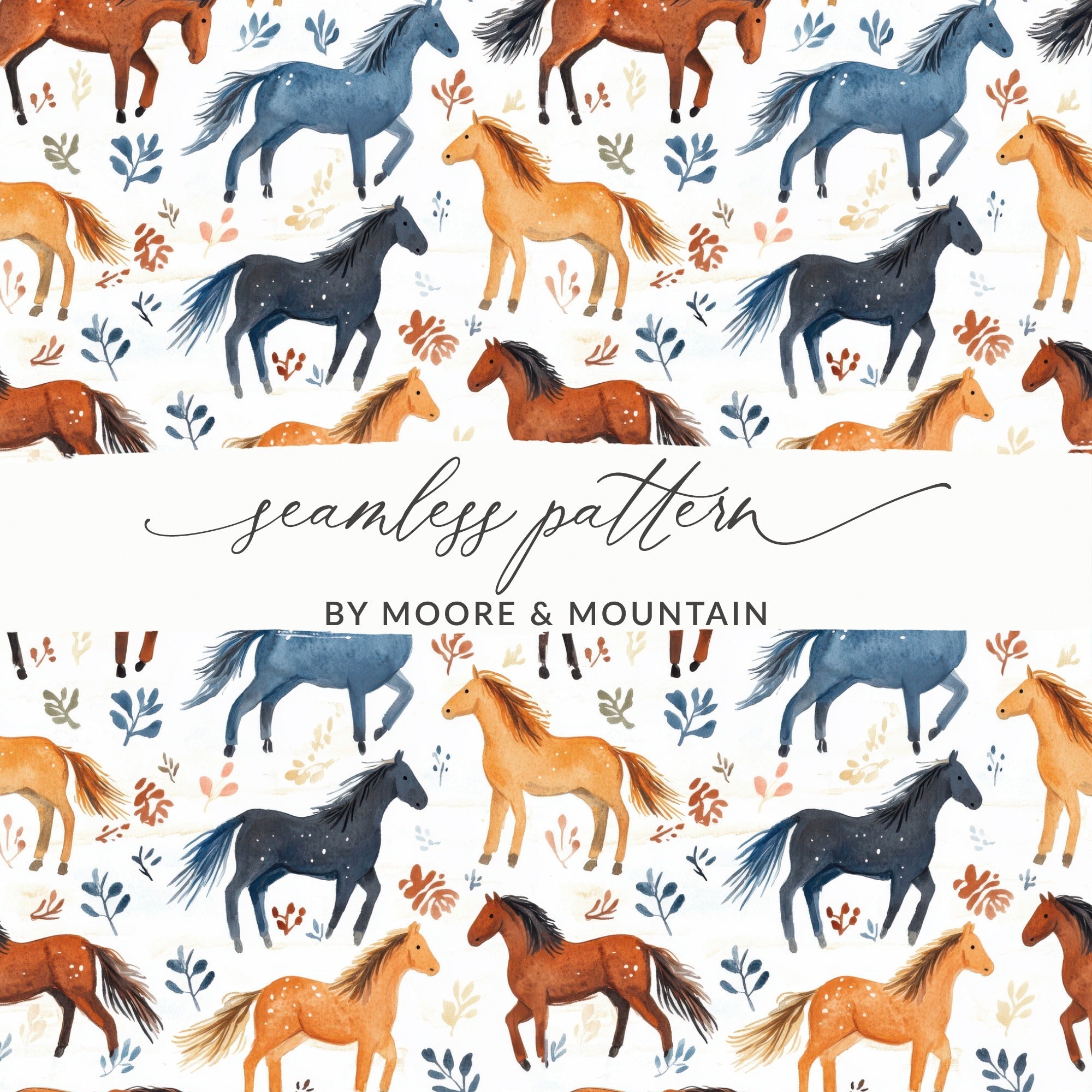 Watercolor Horses and Foliage Pattern Equestrian Digital - Moore and Mountain