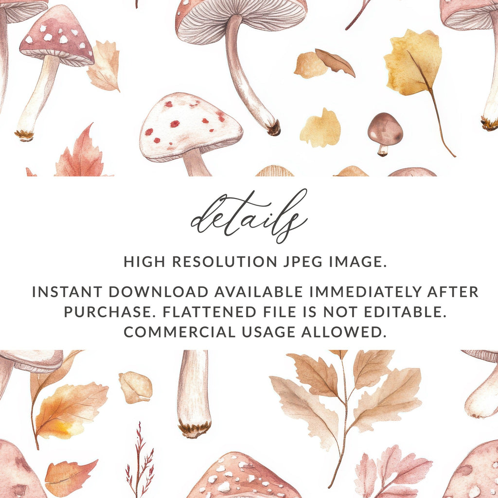 Watercolor Mushrooms and Leaves Digital Pattern - Neutral Tones Printable Art - Moore and Mountain