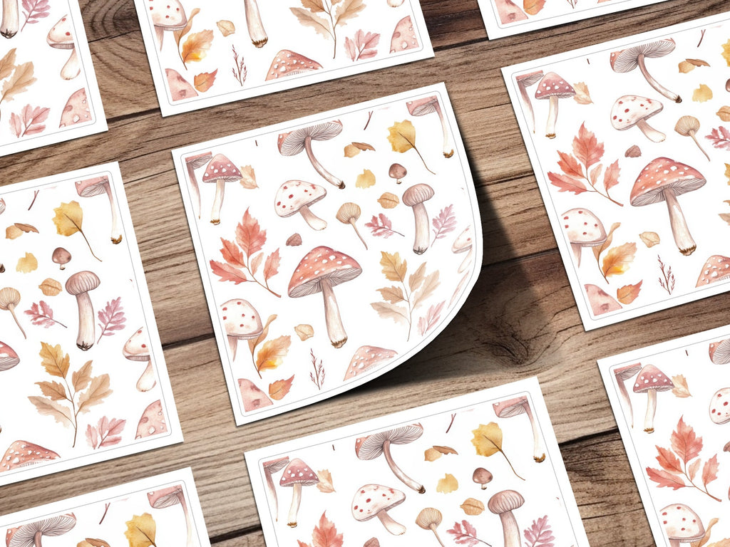 Watercolor Mushrooms and Leaves Digital Pattern - Neutral Tones Printable Art - Moore and Mountain