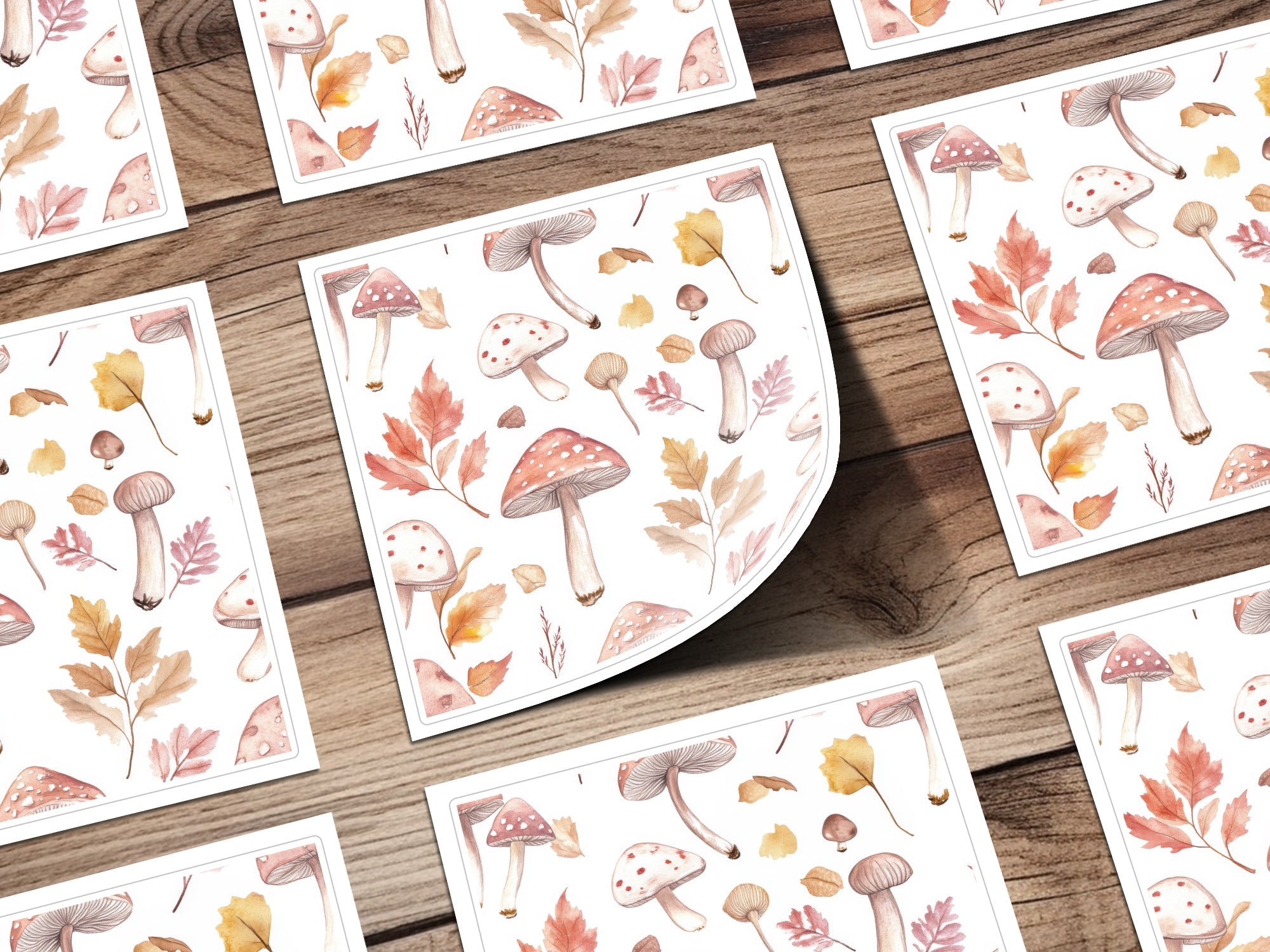 Watercolor Mushrooms and Leaves Digital Pattern - Neutral Tones Printable Art - Moore and Mountain