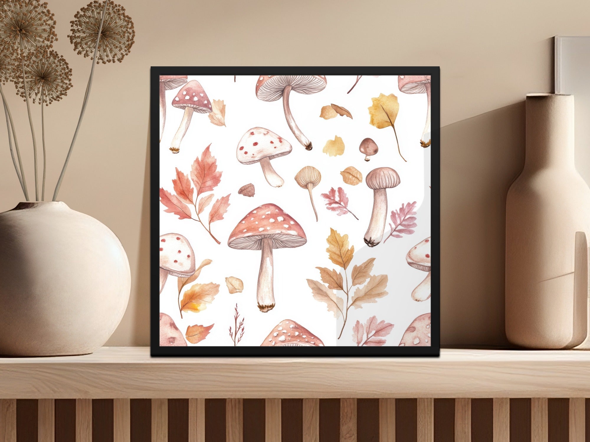 Watercolor Mushrooms and Leaves Digital Pattern - Neutral Tones Printable Art - Moore and Mountain
