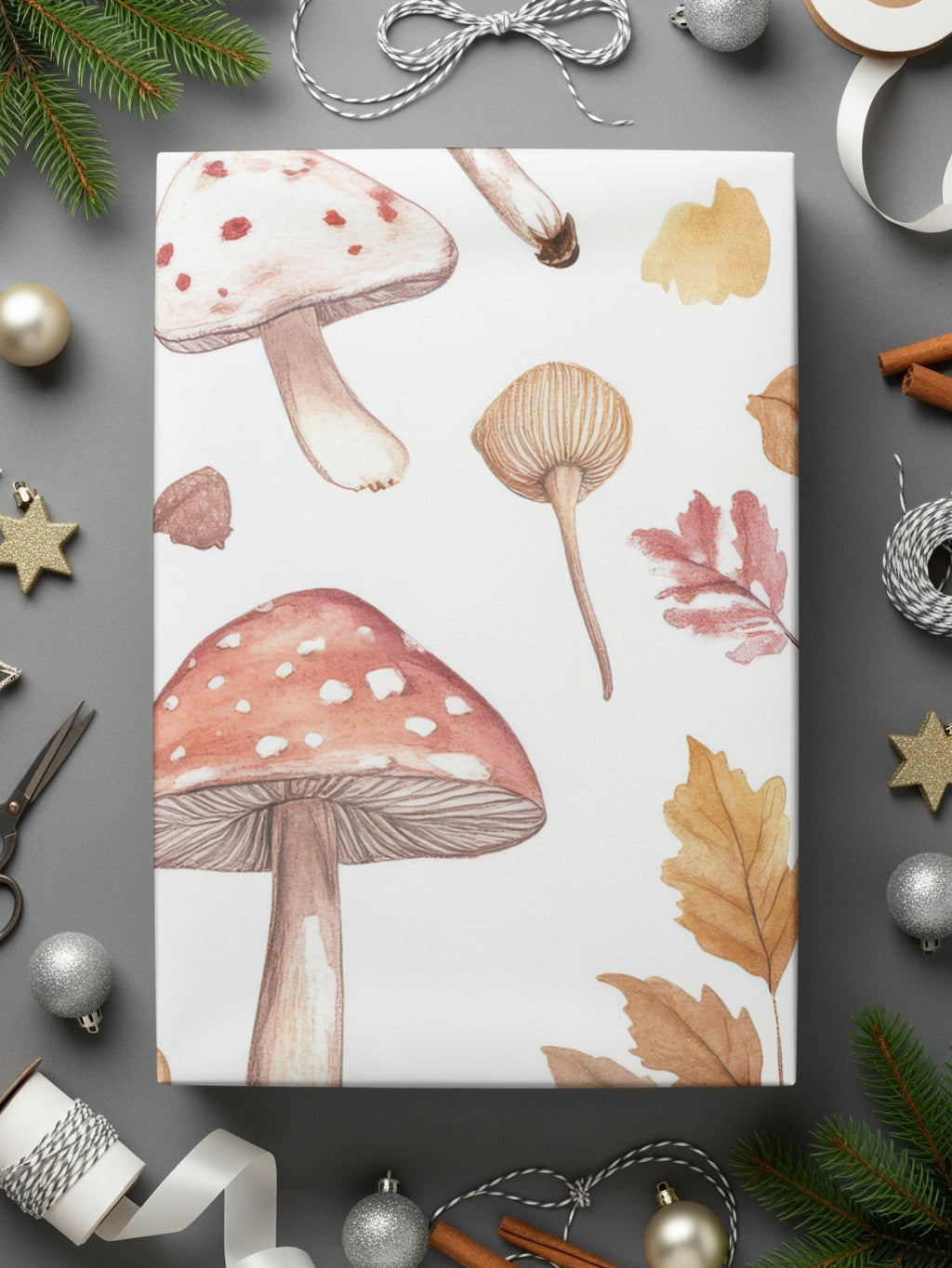 Watercolor Mushrooms and Leaves Digital Pattern - Neutral Tones Printable Art - Moore and Mountain