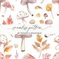 Watercolor Mushrooms and Leaves Digital Pattern - Neutral Tones Printable Art - Moore and Mountain
