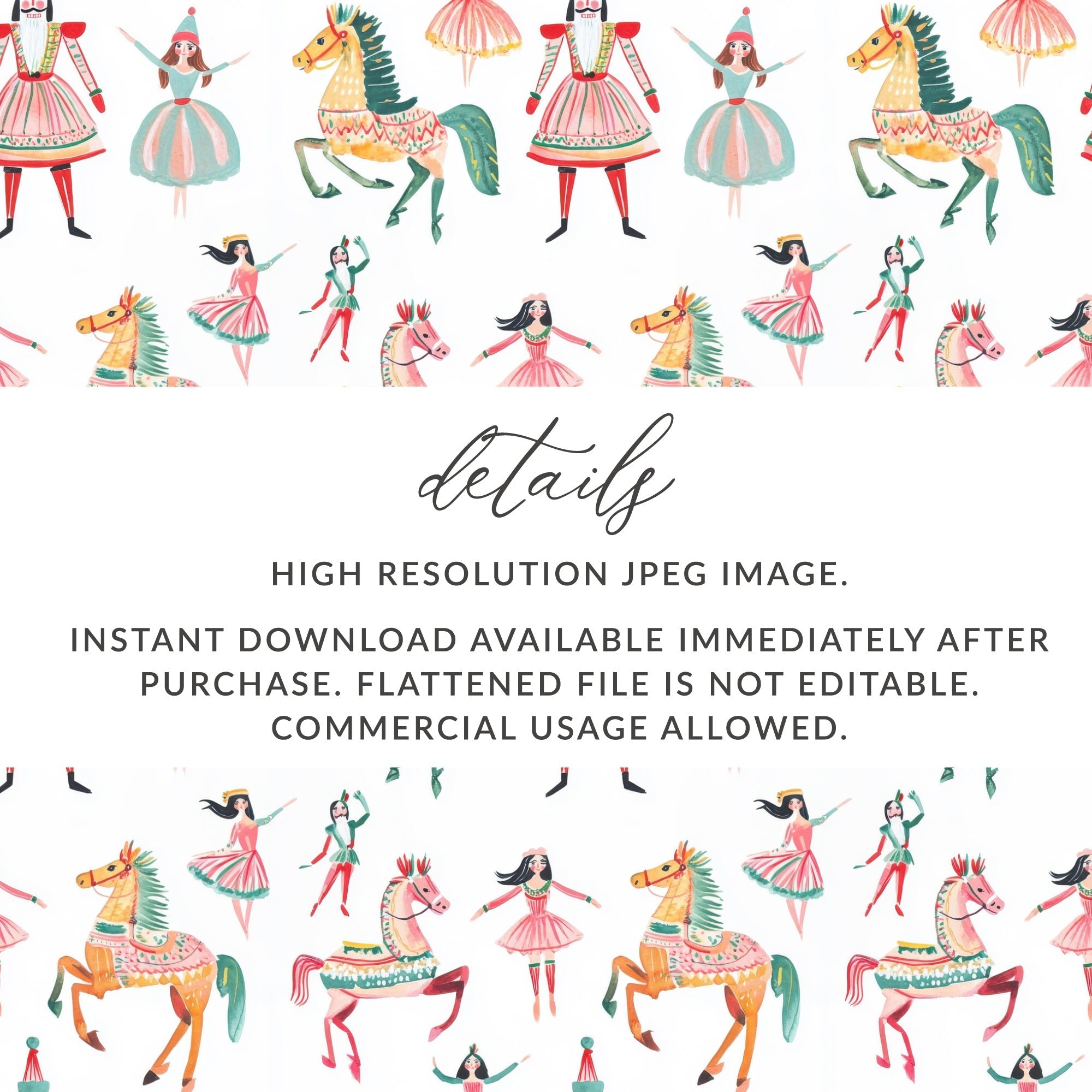 Watercolor Nutcracker Pattern Featuring Horses and Dancers Digital - Moore and Mountain