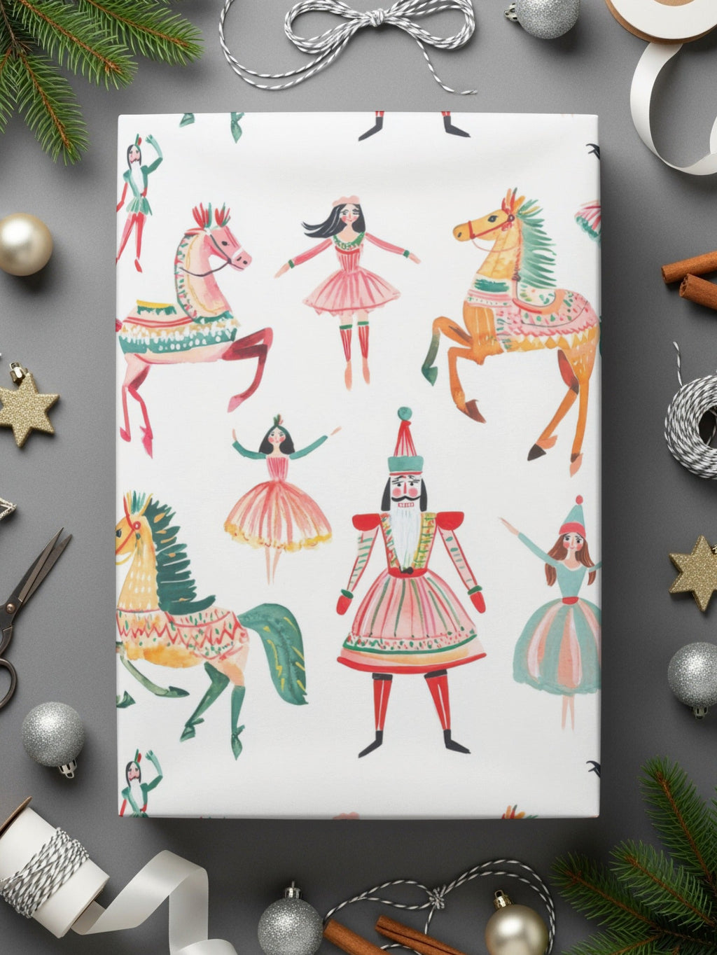 Watercolor Nutcracker Pattern Featuring Horses and Dancers Digital - Moore and Mountain