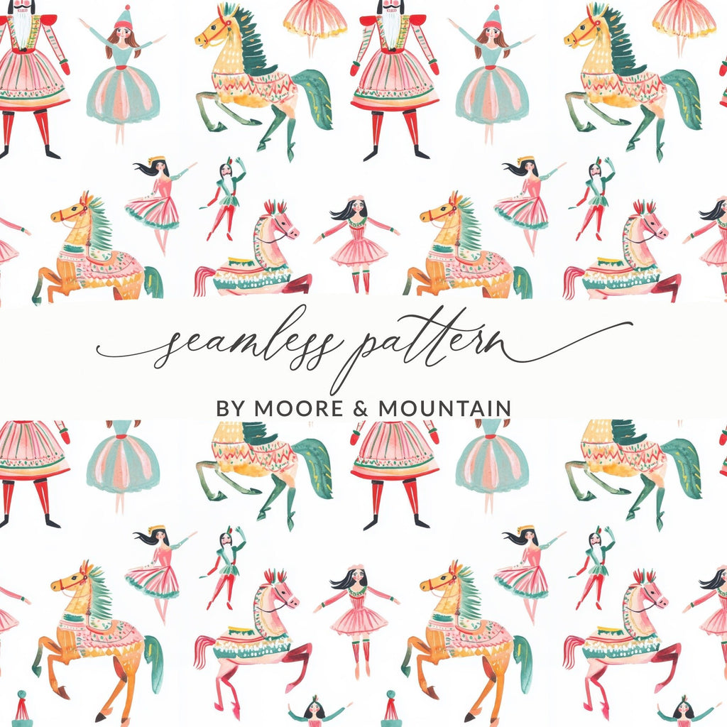 Watercolor Nutcracker Pattern Featuring Horses and Dancers Digital - Moore and Mountain