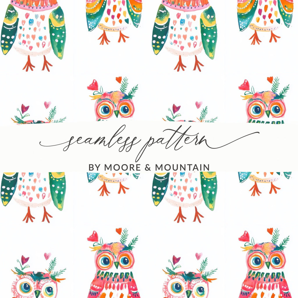 Watercolor Owls Pattern Art Print Home Decor Design Digital - Moore and Mountain