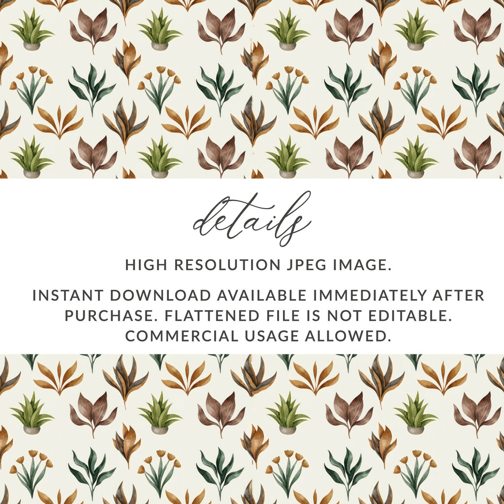 Watercolor Plants Seamless Pattern Digital Paper, Botanical Texture, Floral Background, Fabric Design, Scrapbooking, Digital Download - Moore and Mountain