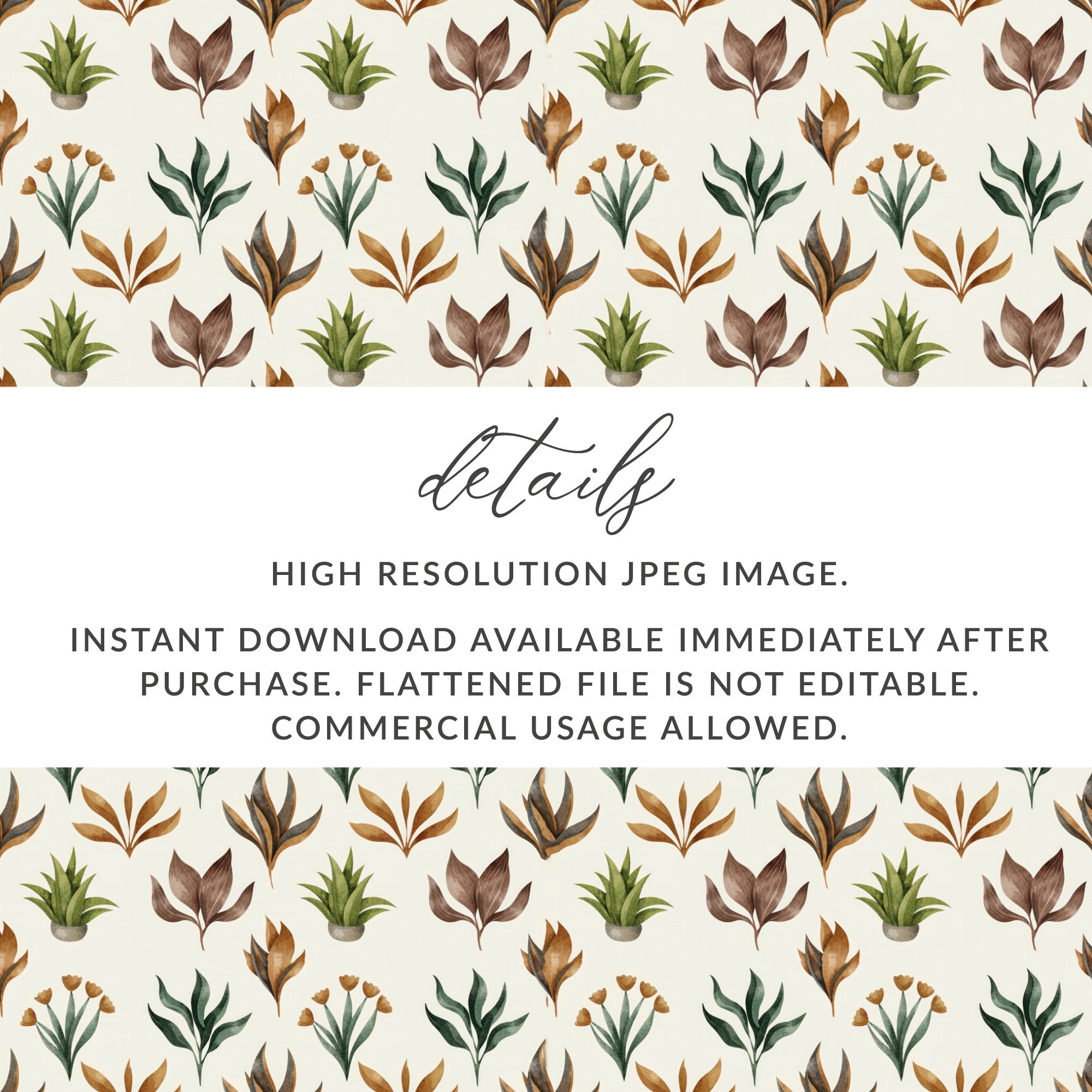 Watercolor Plants Seamless Pattern Digital Paper, Botanical Texture, Floral Background, Fabric Design, Scrapbooking, Digital Download - Moore and Mountain