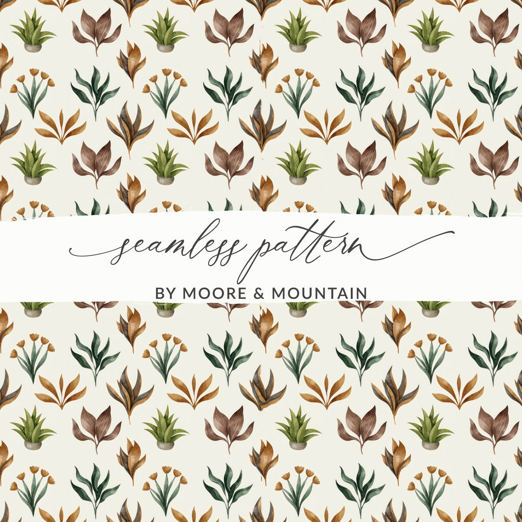 Watercolor Plants Seamless Pattern Digital Paper, Botanical Texture, Floral Background, Fabric Design, Scrapbooking, Digital Download - Moore and Mountain