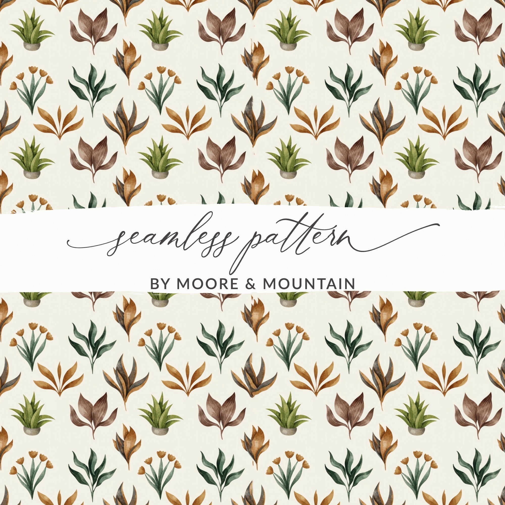 Watercolor Plants Seamless Pattern Digital Paper, Botanical Texture, Floral Background, Fabric Design, Scrapbooking, Digital Download - Moore and Mountain