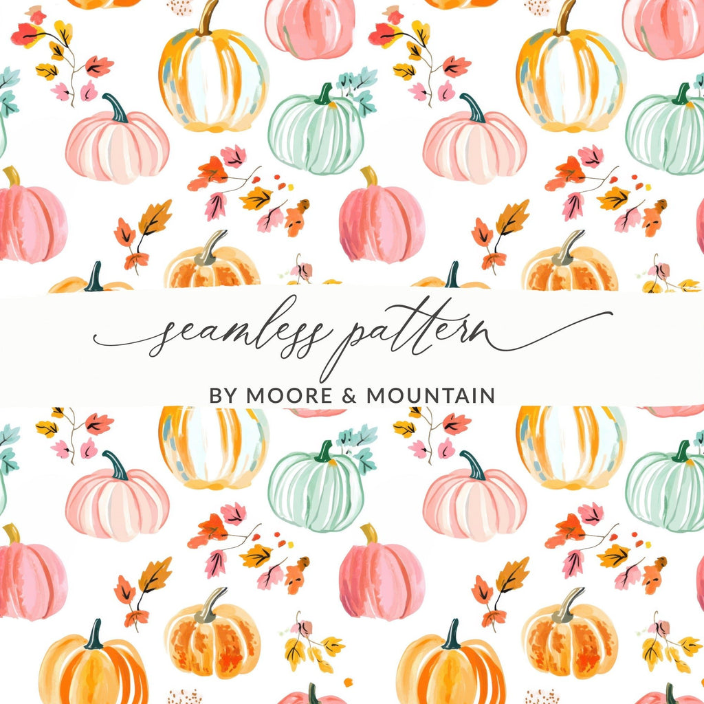 Watercolor Pumpkin Digital Paper, Fall Autumn Seamless Pattern, Pink Green Orange Pumpkins Background, Thanksgiving Fabric Design - Moore and Mountain