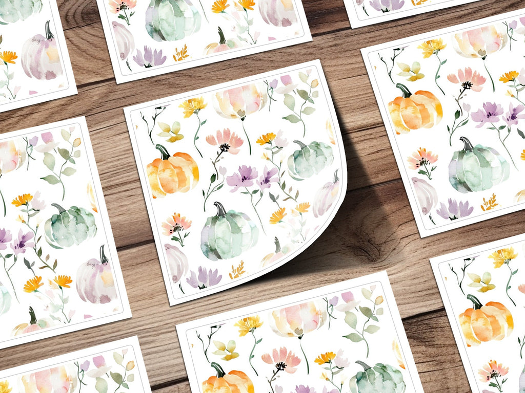 Watercolor Pumpkin Digital Paper, Fall Seamless Pattern, Autumn Background, Floral Thanksgiving Print, Scrapbook Paper Pack, Digital - Moore and Mountain