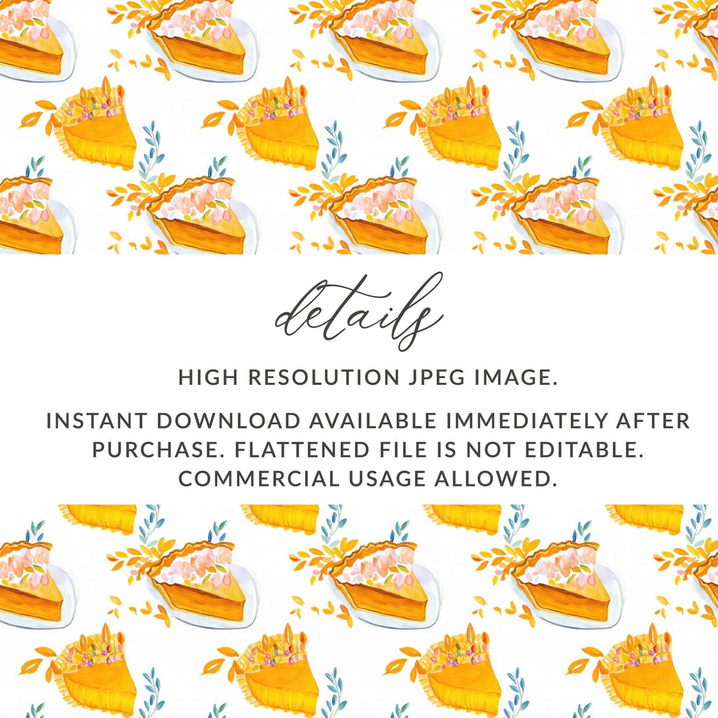 Watercolor Pumpkin Pie Digital Paper, Fall Seamless Pattern, Autumn Dessert Background, Thanksgiving Food Clipart, Orange Baking Print - Moore and Mountain