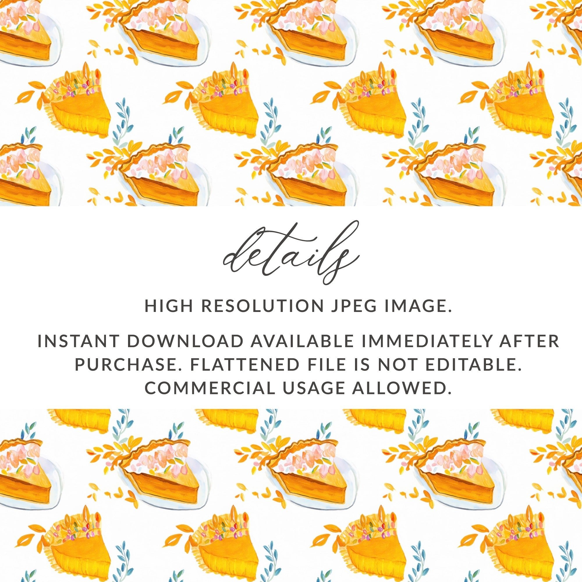 Watercolor Pumpkin Pie Digital Paper, Fall Seamless Pattern, Autumn Dessert Background, Thanksgiving Food Clipart, Orange Baking Print - Moore and Mountain