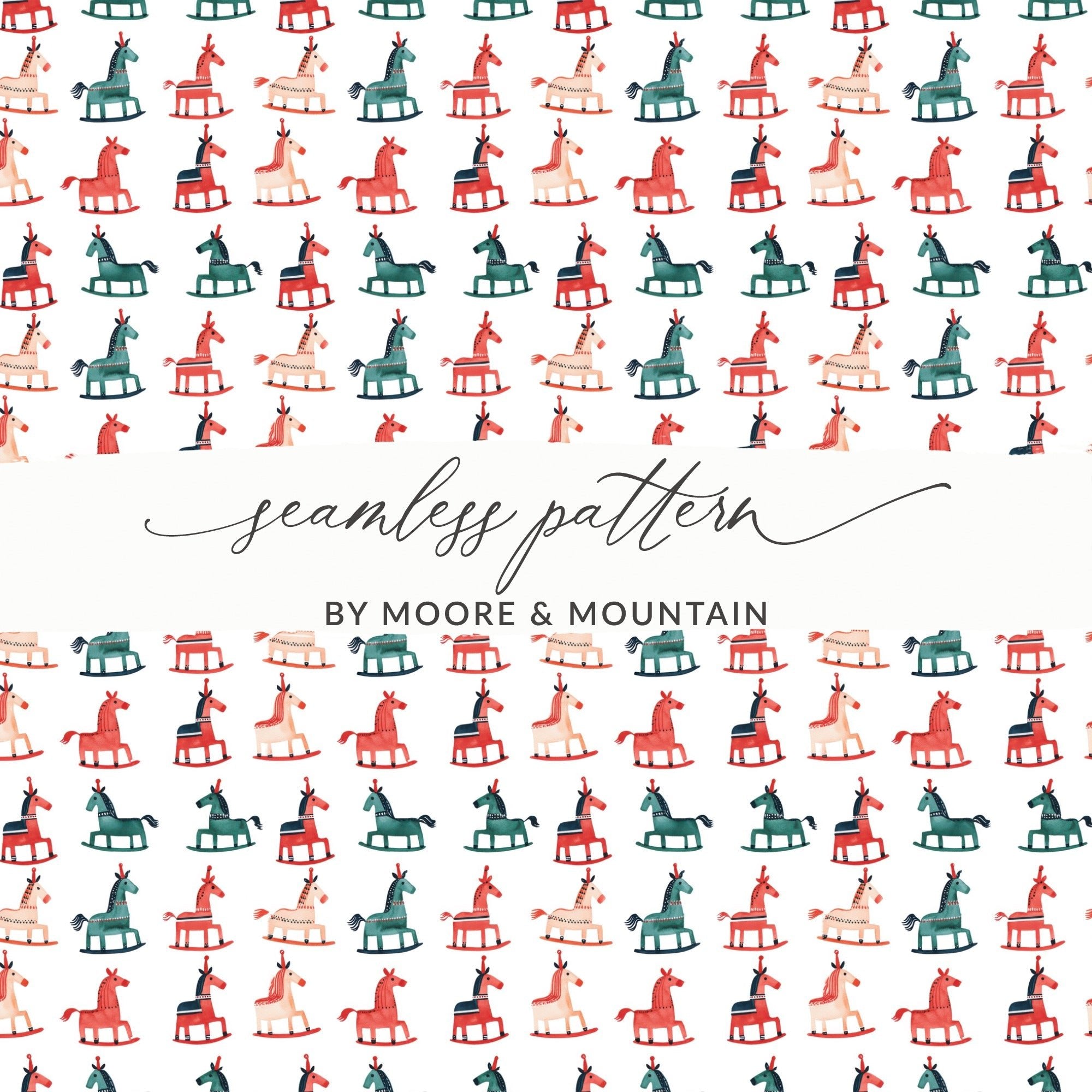 Watercolor Rocking Horses Pattern Repeating for Christmas Digital - Moore and Mountain