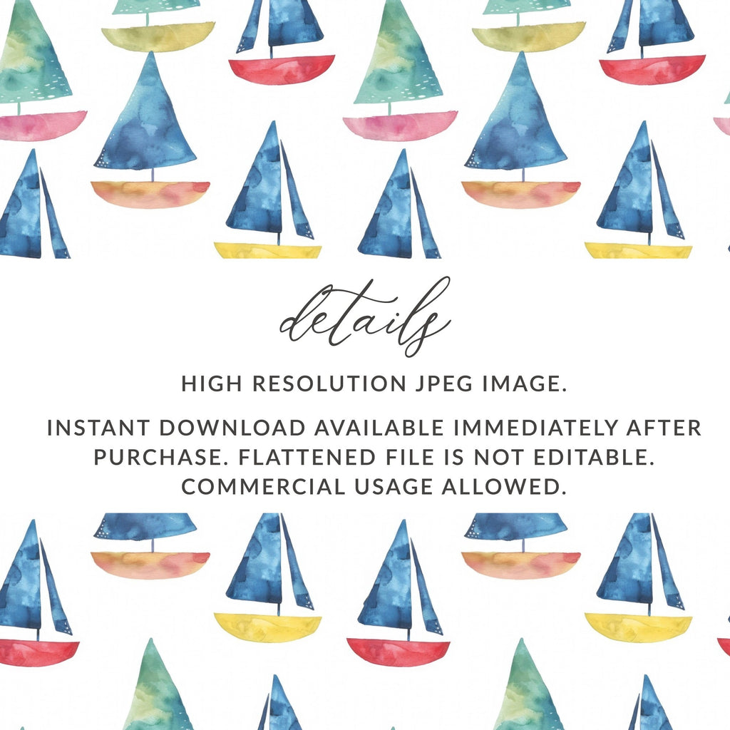 Watercolor Sailboat Pattern, Digital Seamless Repeat, Nautical Boat Clipart, Coastal Print, Sea Theme Scrapbook Paper, Download - Moore and Mountain