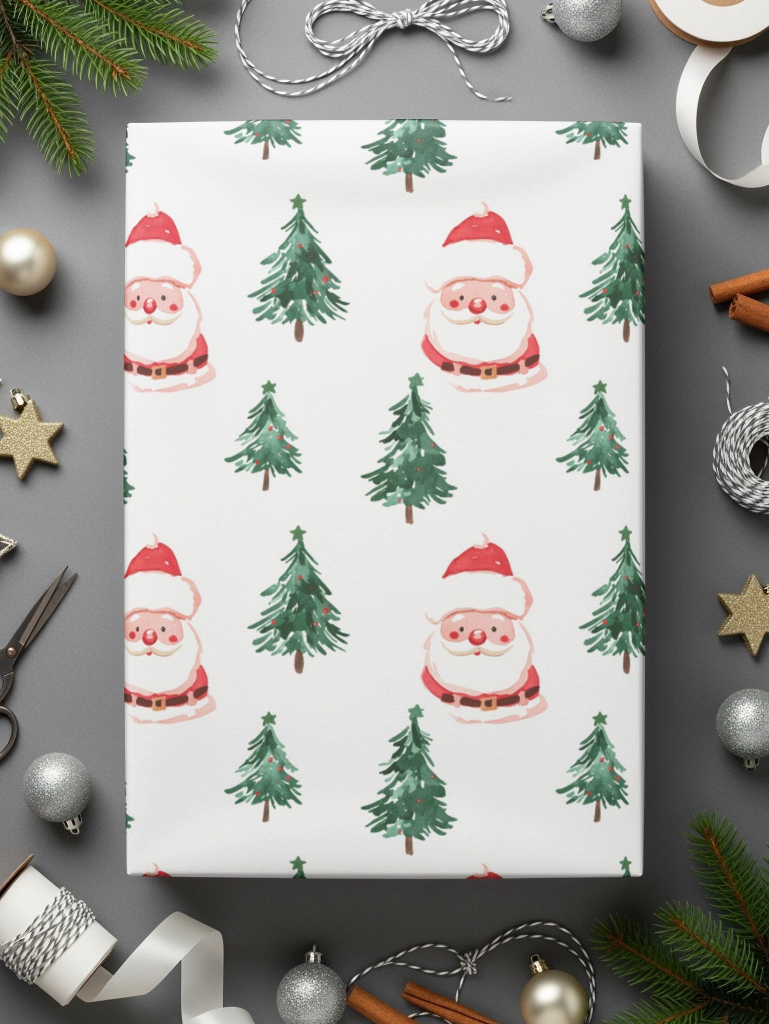Watercolor Santa Trees Pattern Christmas Festive Print Digital - Moore and Mountain