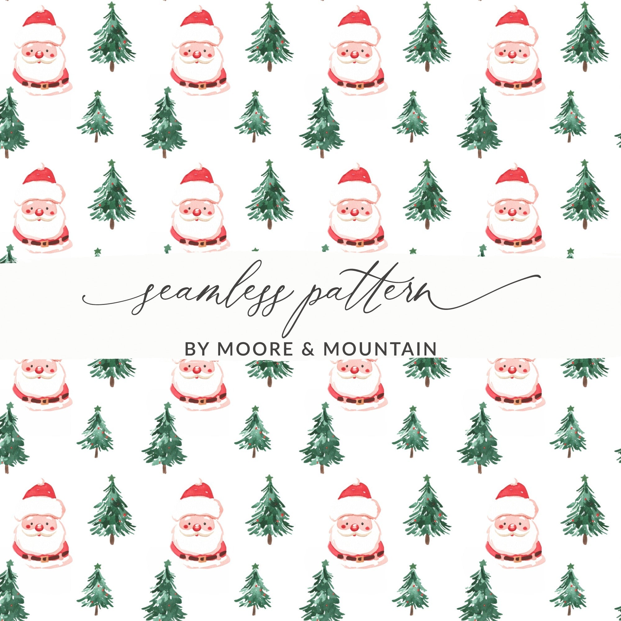 Watercolor Santa Trees Pattern Christmas Festive Print Digital - Moore and Mountain