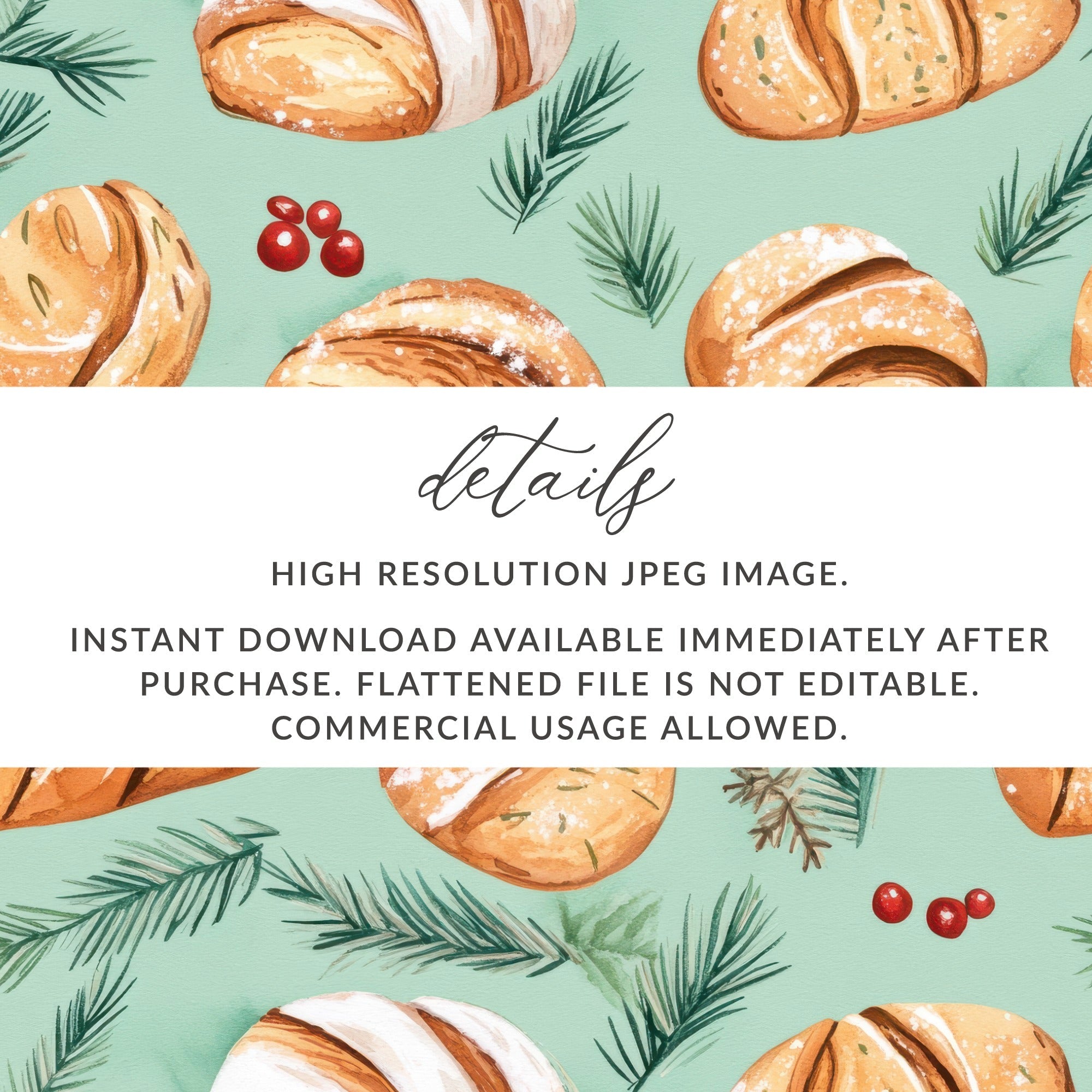 Watercolor Sourdough Christmas Baked Goods Pine Needles Pattern Background - Moore and Mountain