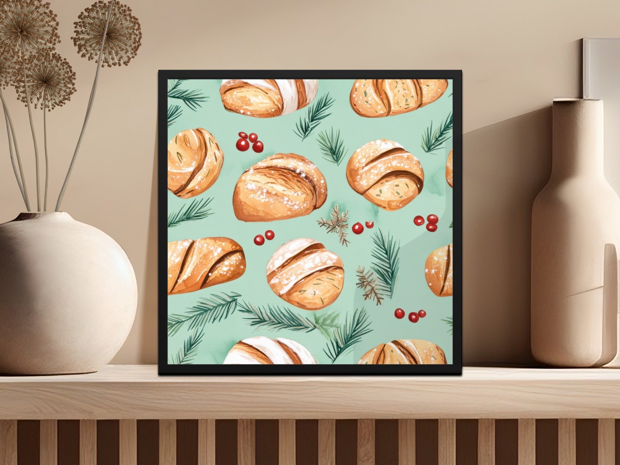 Watercolor Sourdough Christmas Baked Goods Pine Needles Pattern Background - Moore and Mountain