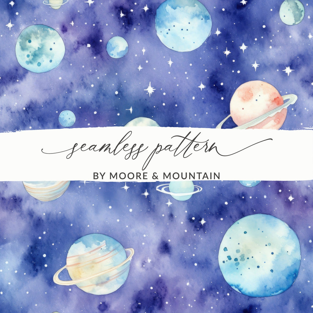 Watercolor Space Digital Paper, Planets Seamless Pattern, Galaxy Stars Texture, Scrapbook Paper, Digital Download, Commercial Use - Moore and Mountain