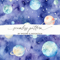 Watercolor Space Digital Paper, Planets Seamless Pattern, Galaxy Stars Texture, Scrapbook Paper, Digital Download, Commercial Use - Moore and Mountain