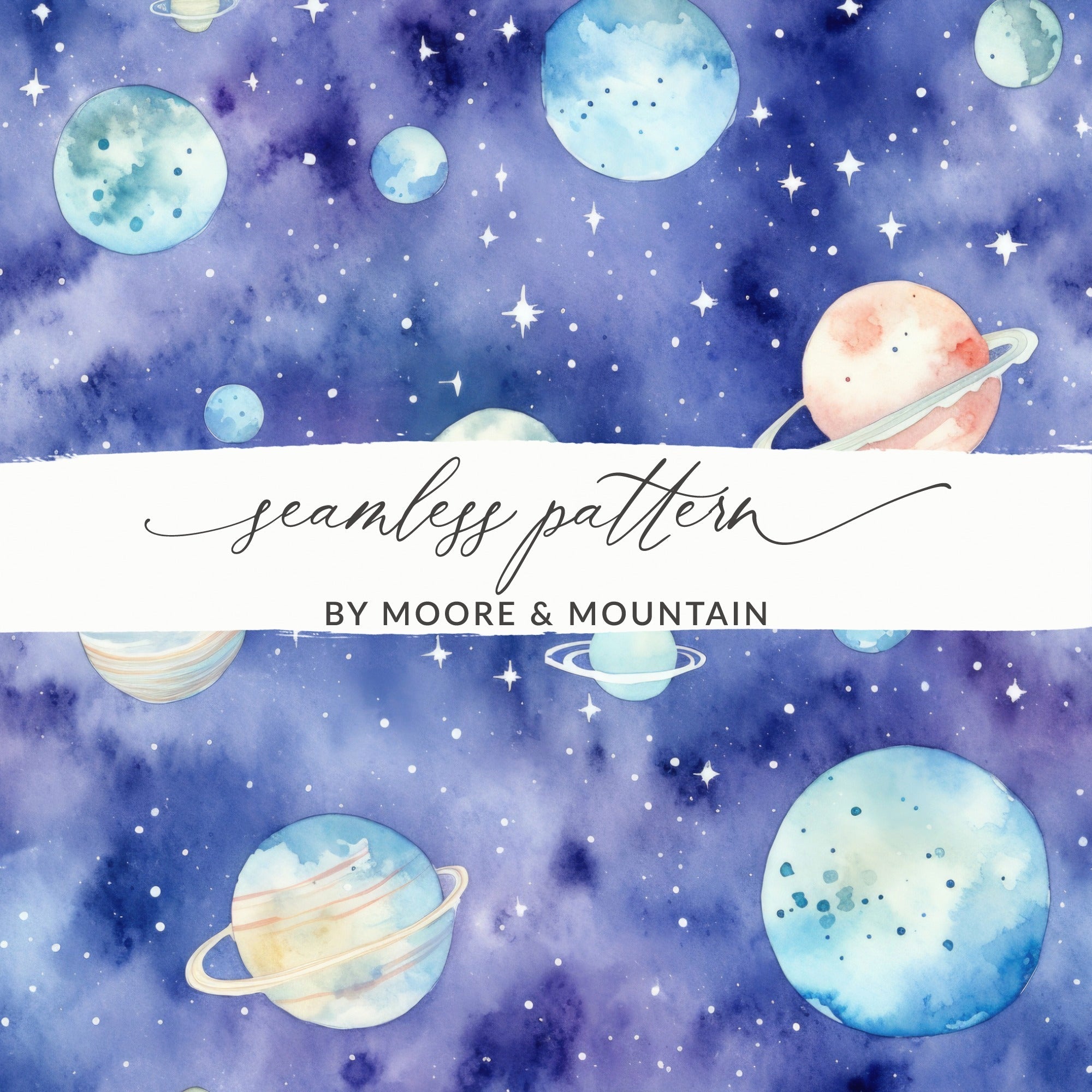 Watercolor Space Digital Paper, Planets Seamless Pattern, Galaxy Stars Texture, Scrapbook Paper, Digital Download, Commercial Use - Moore and Mountain