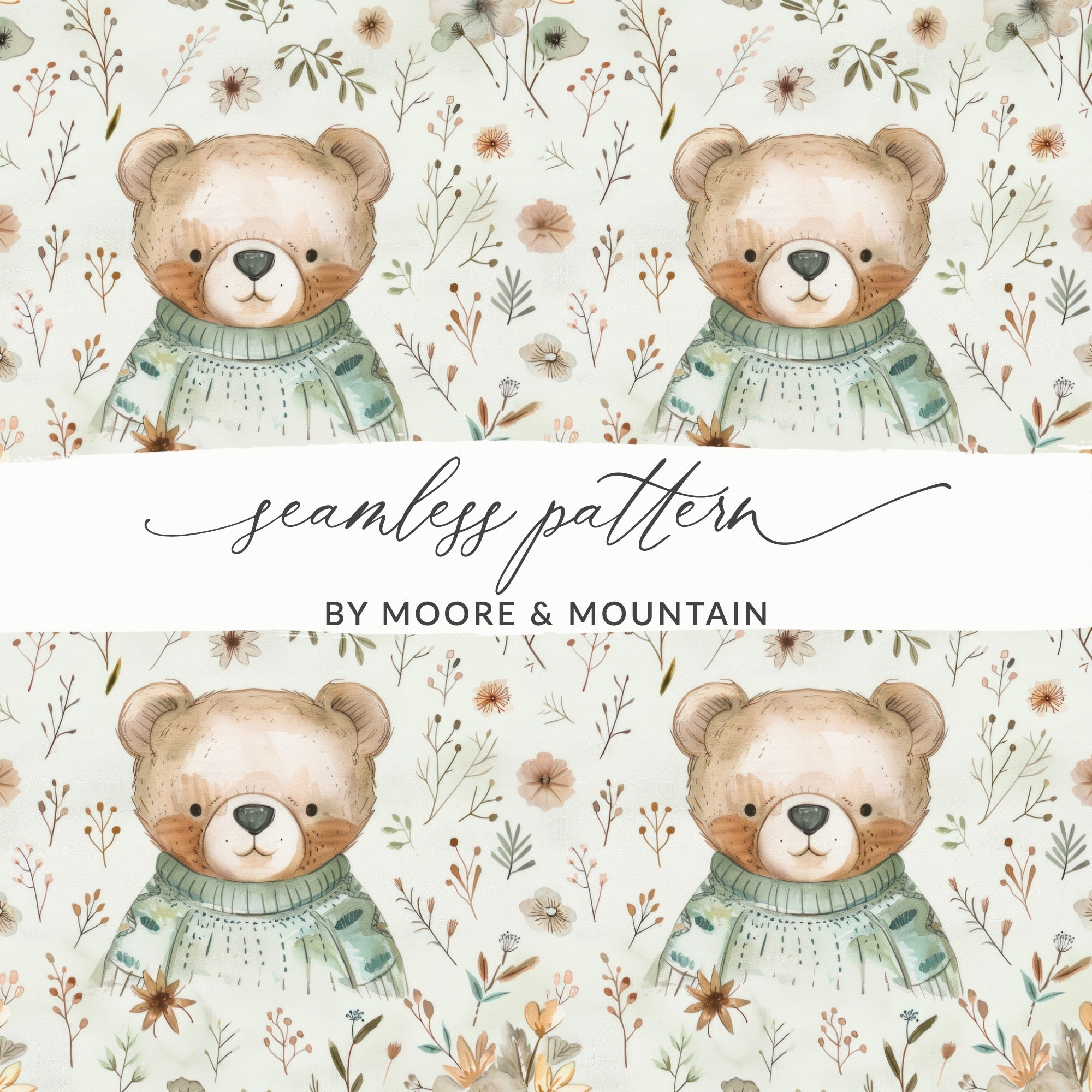 Watercolor Teddy Bear Digital Seamless Pattern, Floral Digital Paper, Boho Bear Print, Nursery Decor, 12x12 JPEG Files Digital - Moore and Mountain
