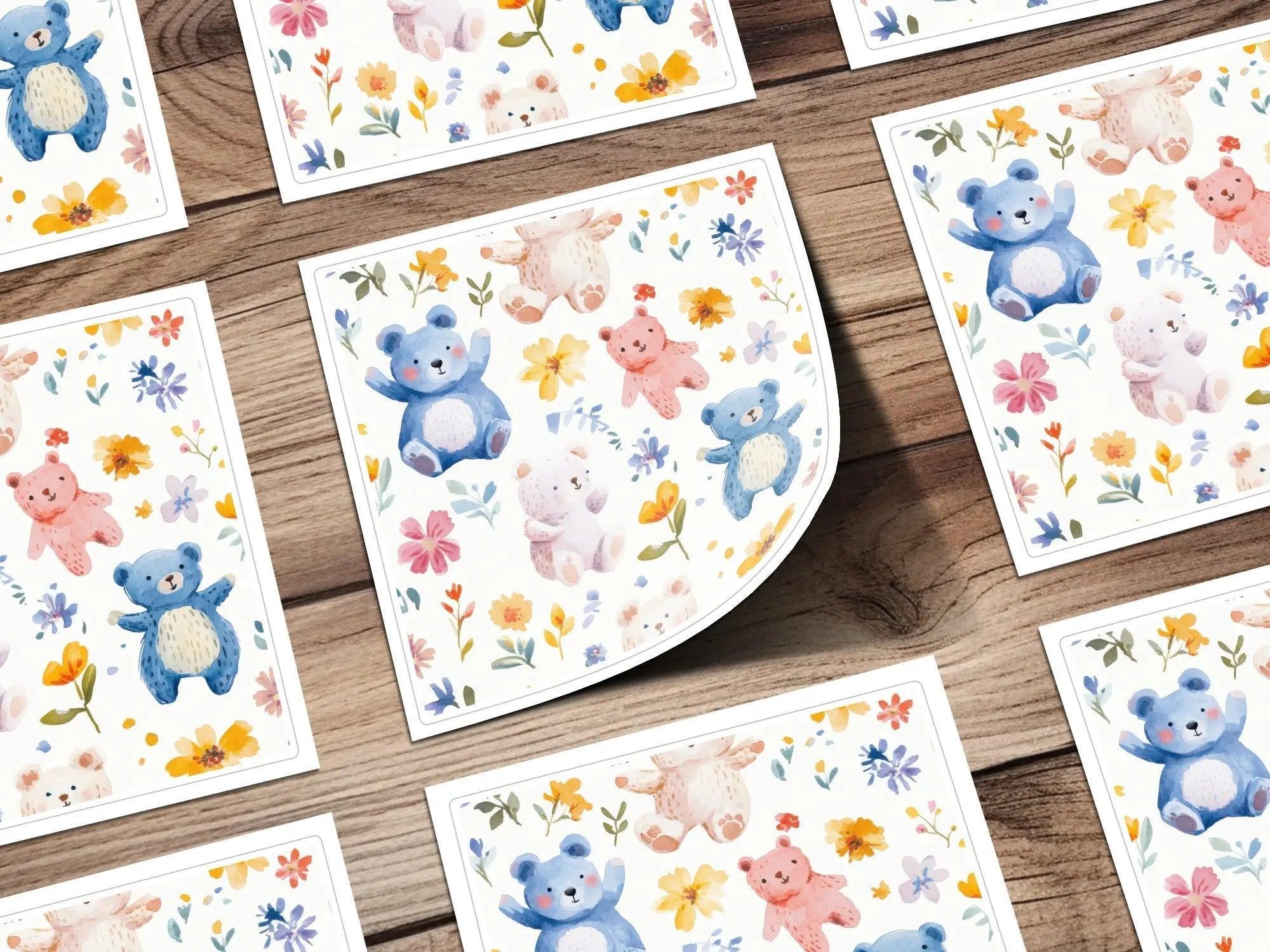 Watercolor Teddy Bear Digital Seamless Pattern, Floral Digital Paper, Cute Nursery Art, Baby Shower Decor, Fabric Design, Digital Download - Moore and Mountain