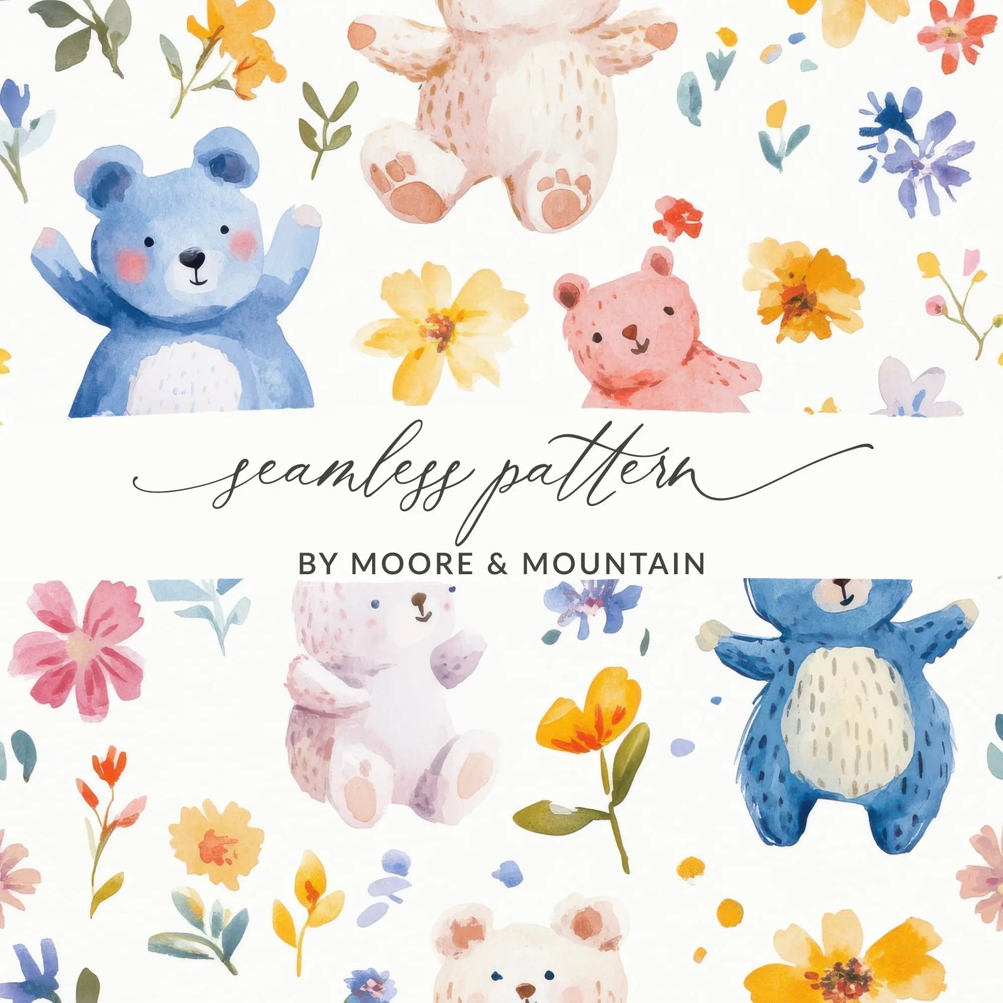 Watercolor Teddy Bear Digital Seamless Pattern, Floral Digital Paper, Cute Nursery Art, Baby Shower Decor, Fabric Design, Digital Download - Moore and Mountain